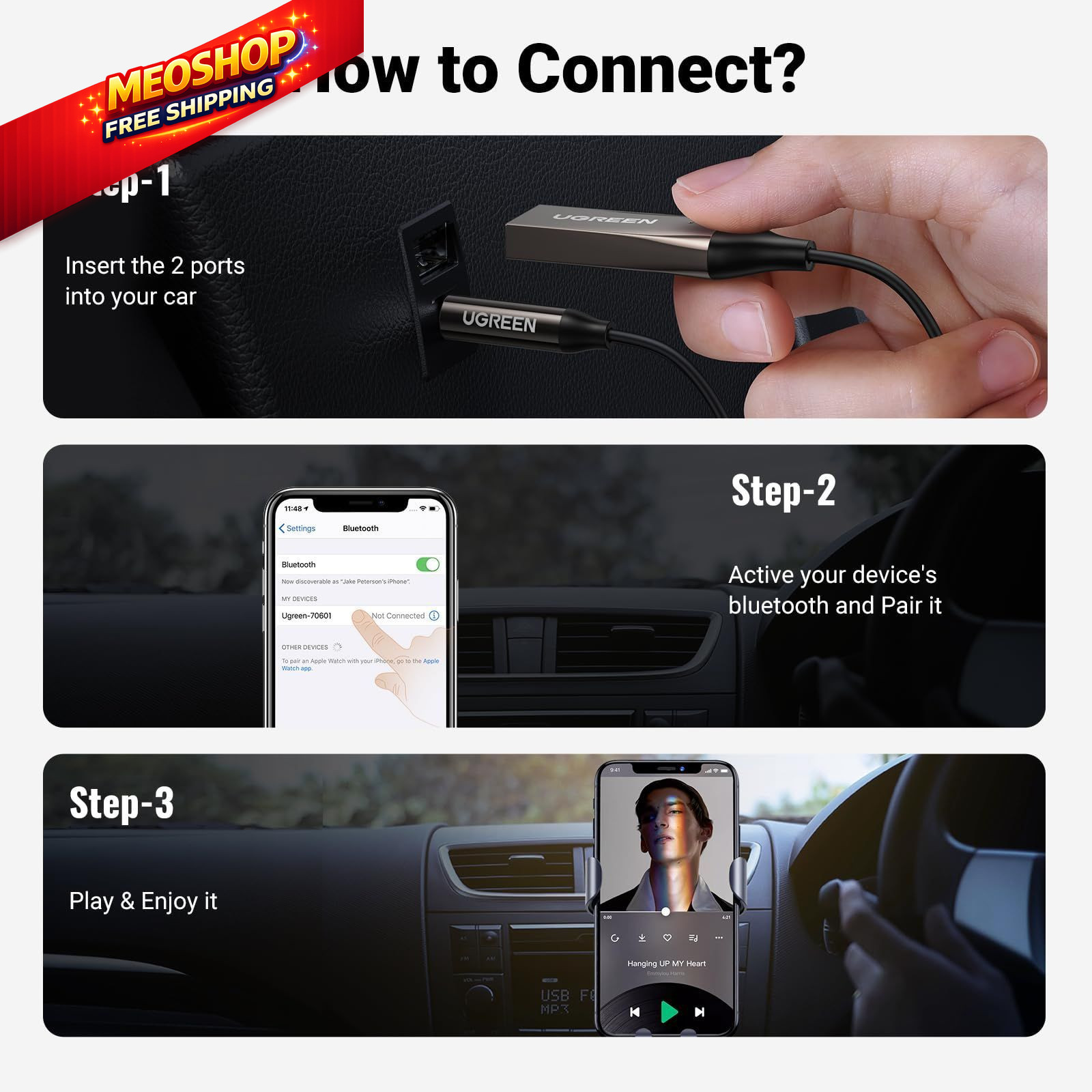 UGREEN Aux to Bluetooth 6.0 Adapter 2.76 IN * 6.3 * 0.67 IN, Dark Grey