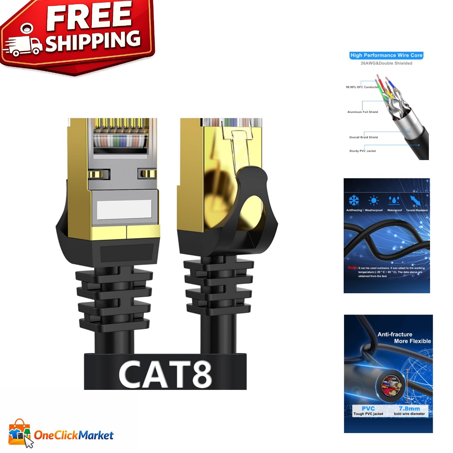 Ultra Fast Cat 8 Ethernet Cable 1.5ft – Shielded Heavy Duty for Indoor/Outdoor