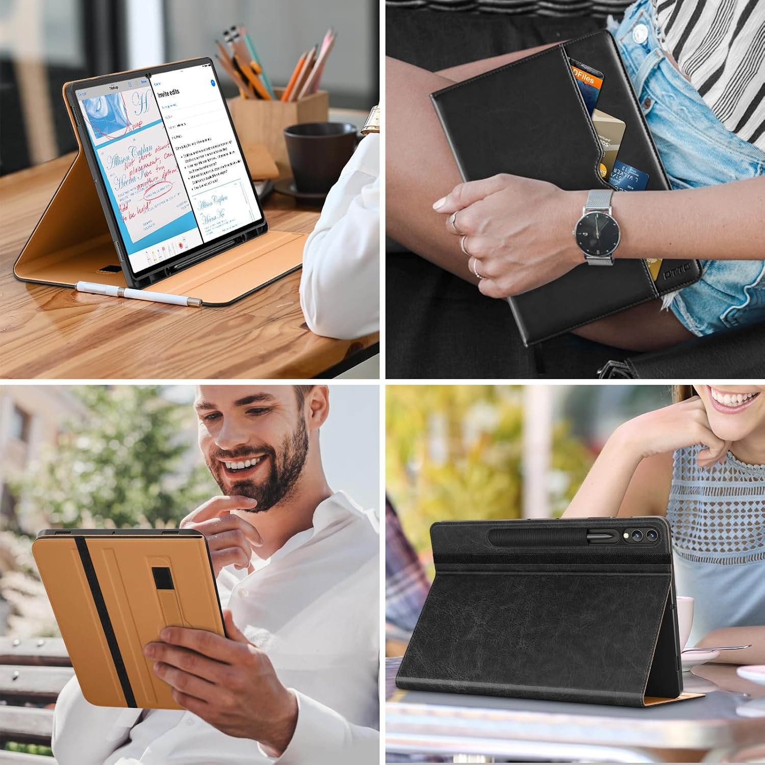 Premium Leather Folio Stand Case for Samsung Galaxy Tab S10 Ultra 14.6 Inch, Bla