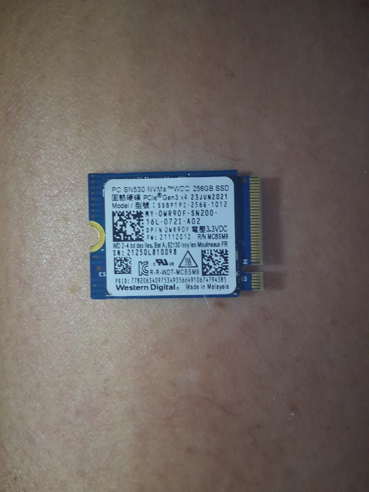 Western Digital 256GB SSD SDBPTPZ-256G-1012 PC SN530 PCIe Gen3X4 DP/N: 0WR90F