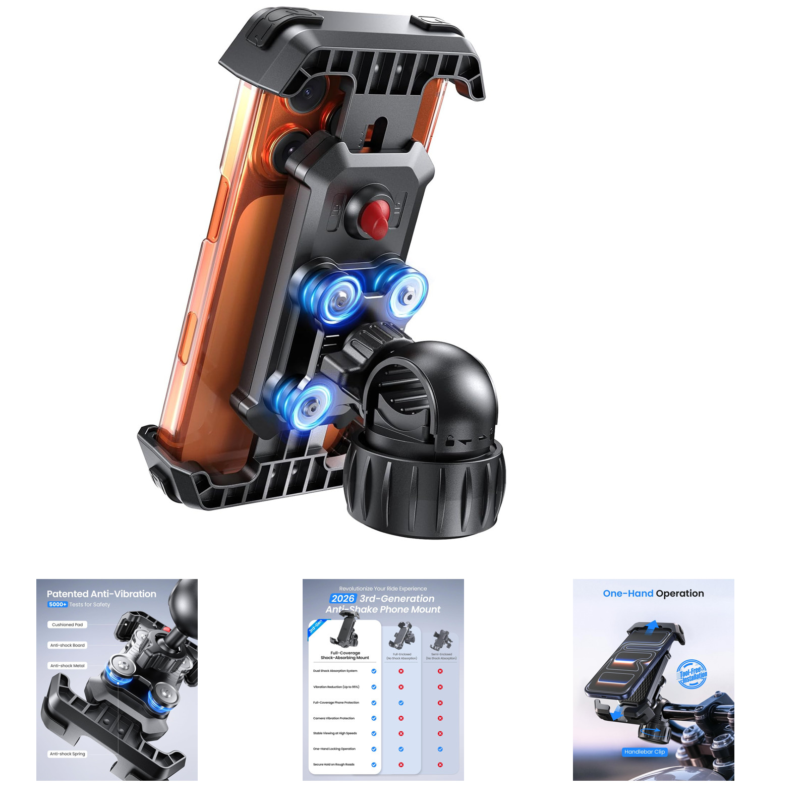 Motorcycle Phone Mount Dual Shock Absorption 4.7-7 Inches Handlebar Compatible