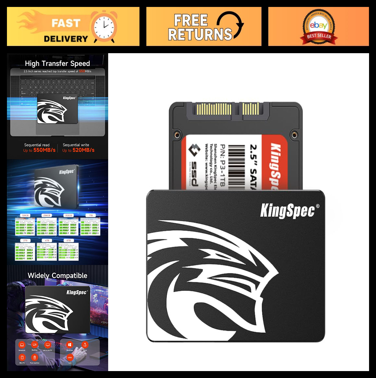 256GB SATA III SSD 2.5″ Internal Solid State Drive, 3D NAND, 550/520 MB/s R/W Sp