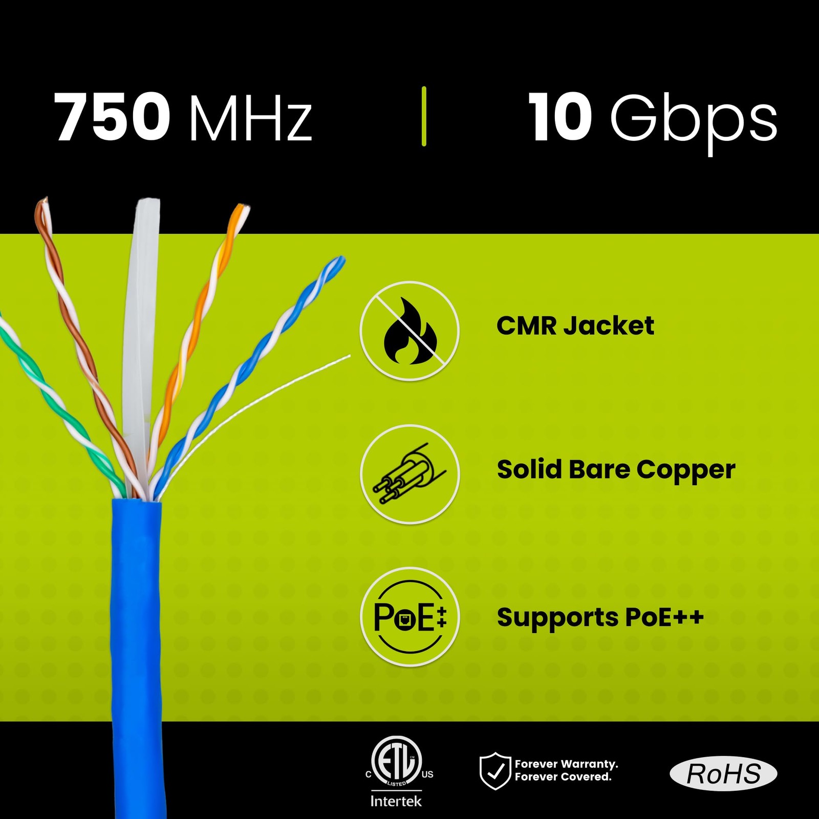 TRUE CABLE Cat6A Riser CMR, Bulk Ethernet Cable, 1000ft, Blue, 23AWG Solid Ba…