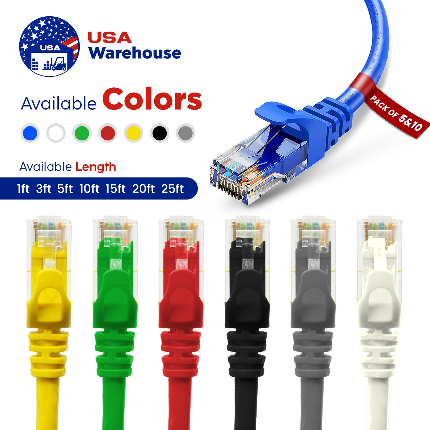 Cat6 Patch Cable 1ft to 25ft 5 & 10 Pack Lot Network RJ45 Ethernet Pure Copper