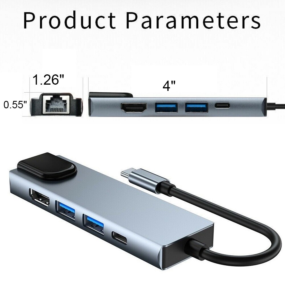5 in 1 USB C Hub to RJ45 Ethernet Type C Hub Adapter Charger for Macbook 4K HDMI