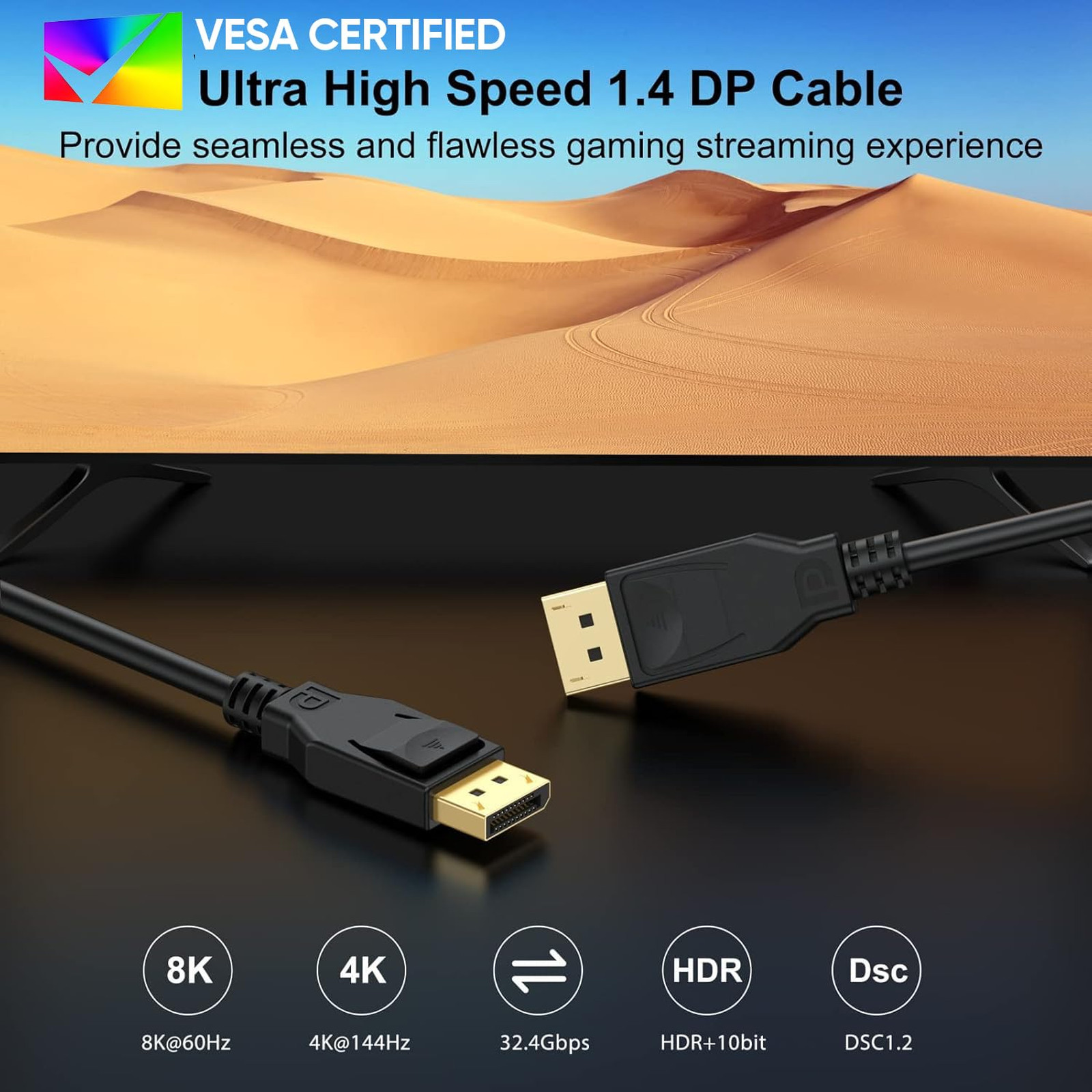 DisplayPort 1.4 Cable High Speed 8K 6 Feet Black Compatible with Gaming Monitors