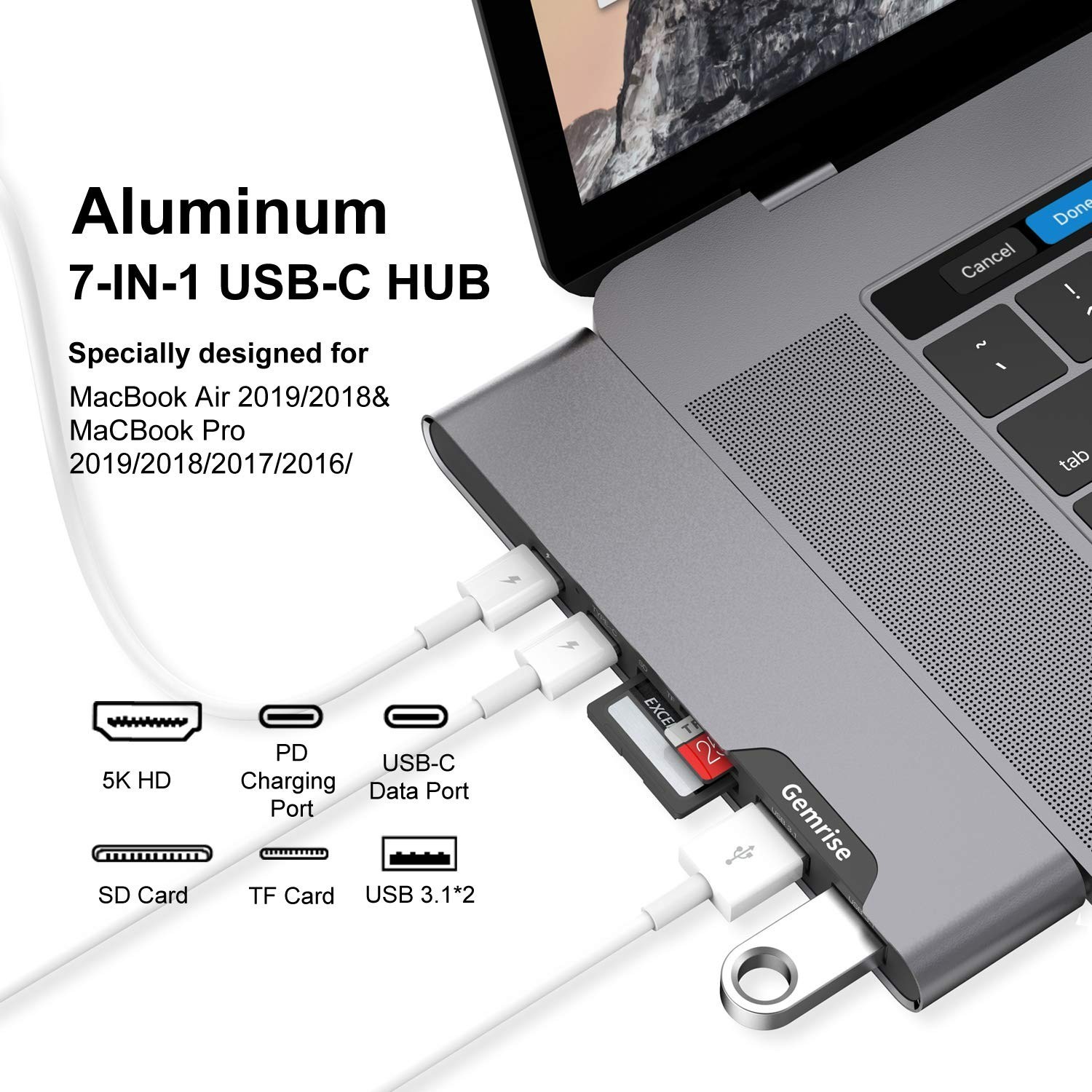 Gemrise USB-C Hub for Macbook, 7In-2 Adapter Compatible with Thunderbolt 3 USB-C