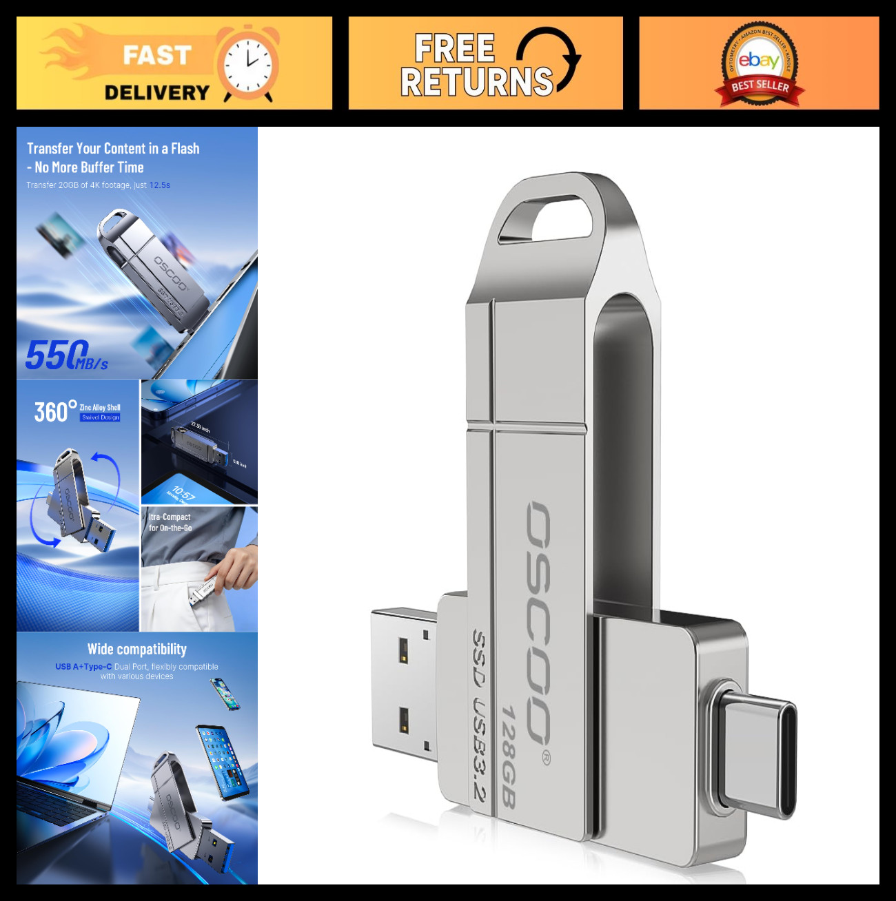 128GB USB 3.2 Flash Drive, 550MB/s Speed, Dual USB-C & USB-A, iPhone & Android B