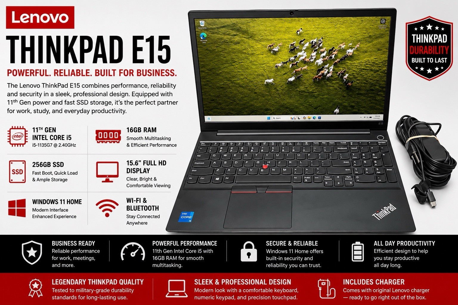 Lenovo ThinkPad E15 15.6″ I5-1135G7@2.4GZ 16GB RAM 256GB SSD Win11H