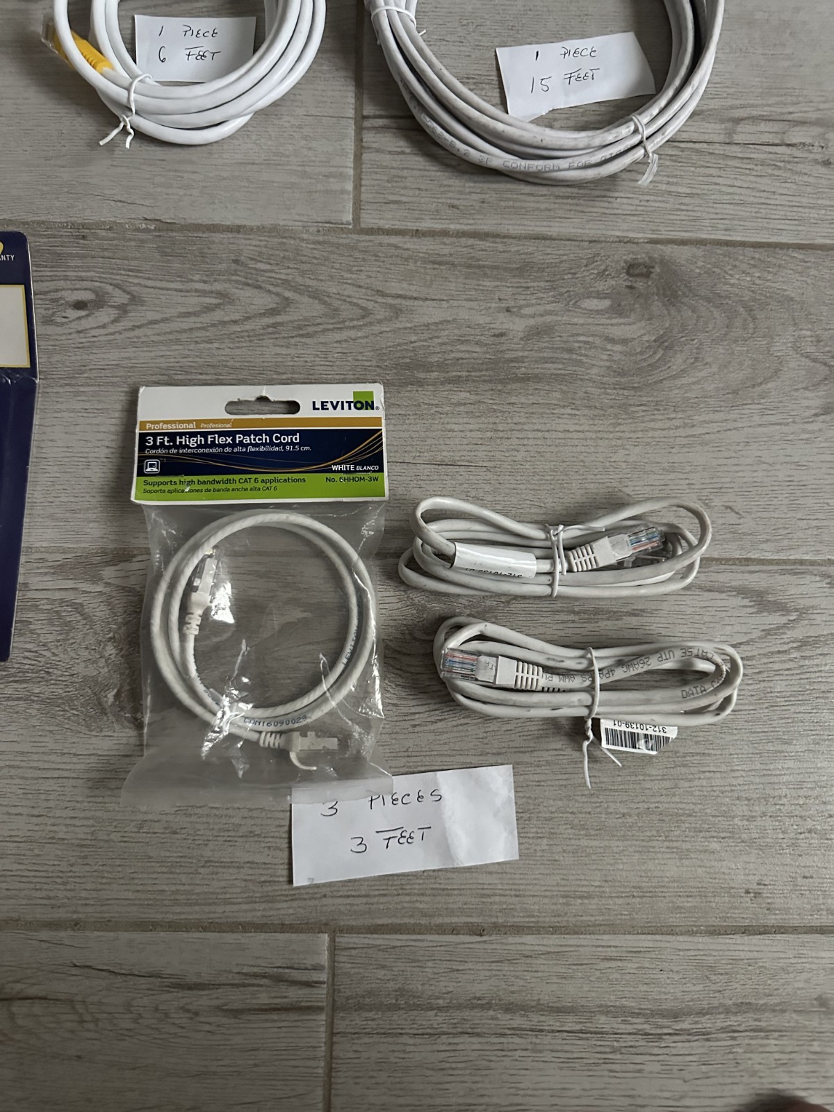 Lot of 6 Ethernet Network White Cables, mixed brands, mixed size, see details.
