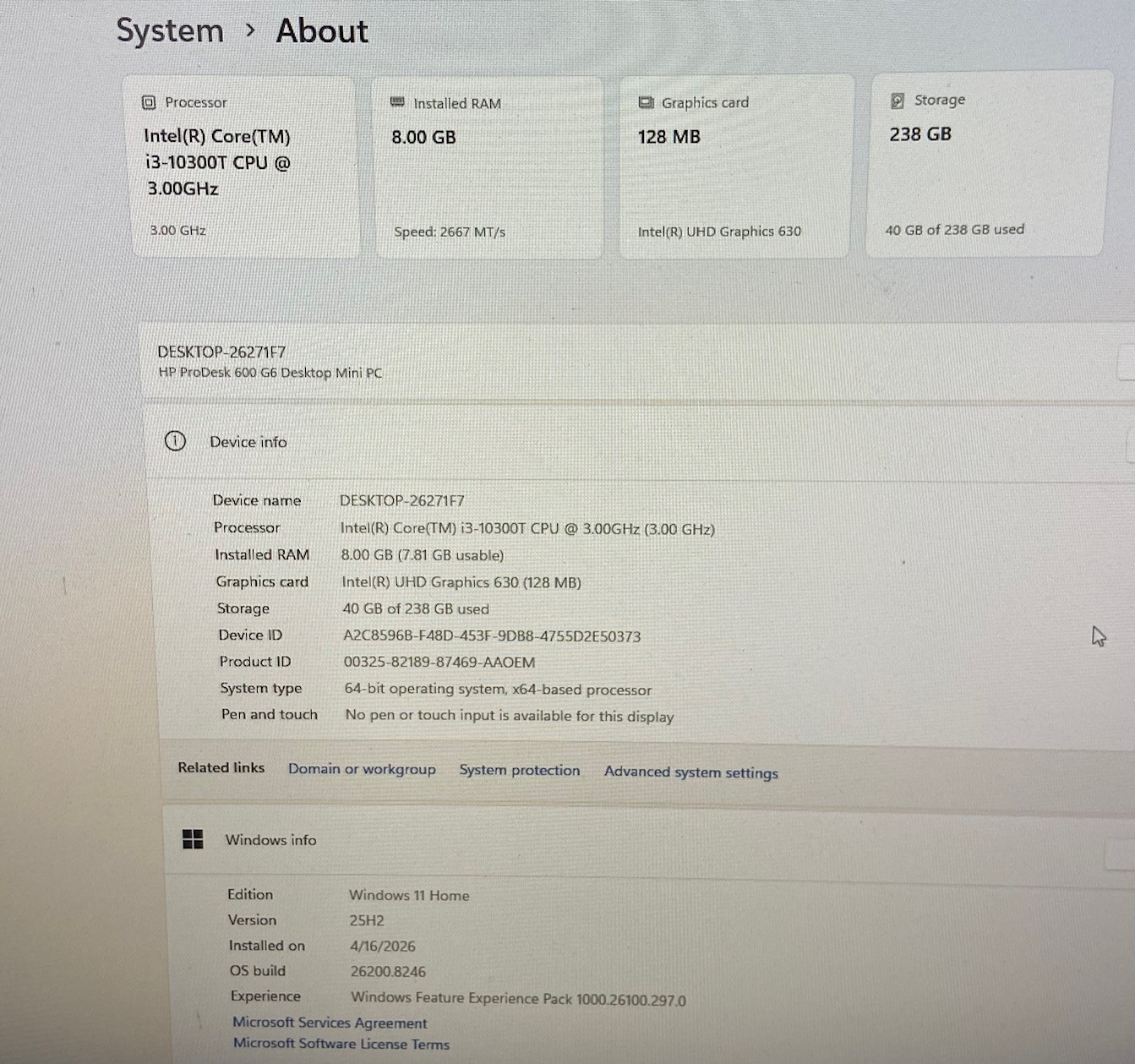HP ProDesk 600 G6 DM, i3-10300T 3.0GHz, 8GB, 256GB NVMe, Win 11 Home – READ!!!!