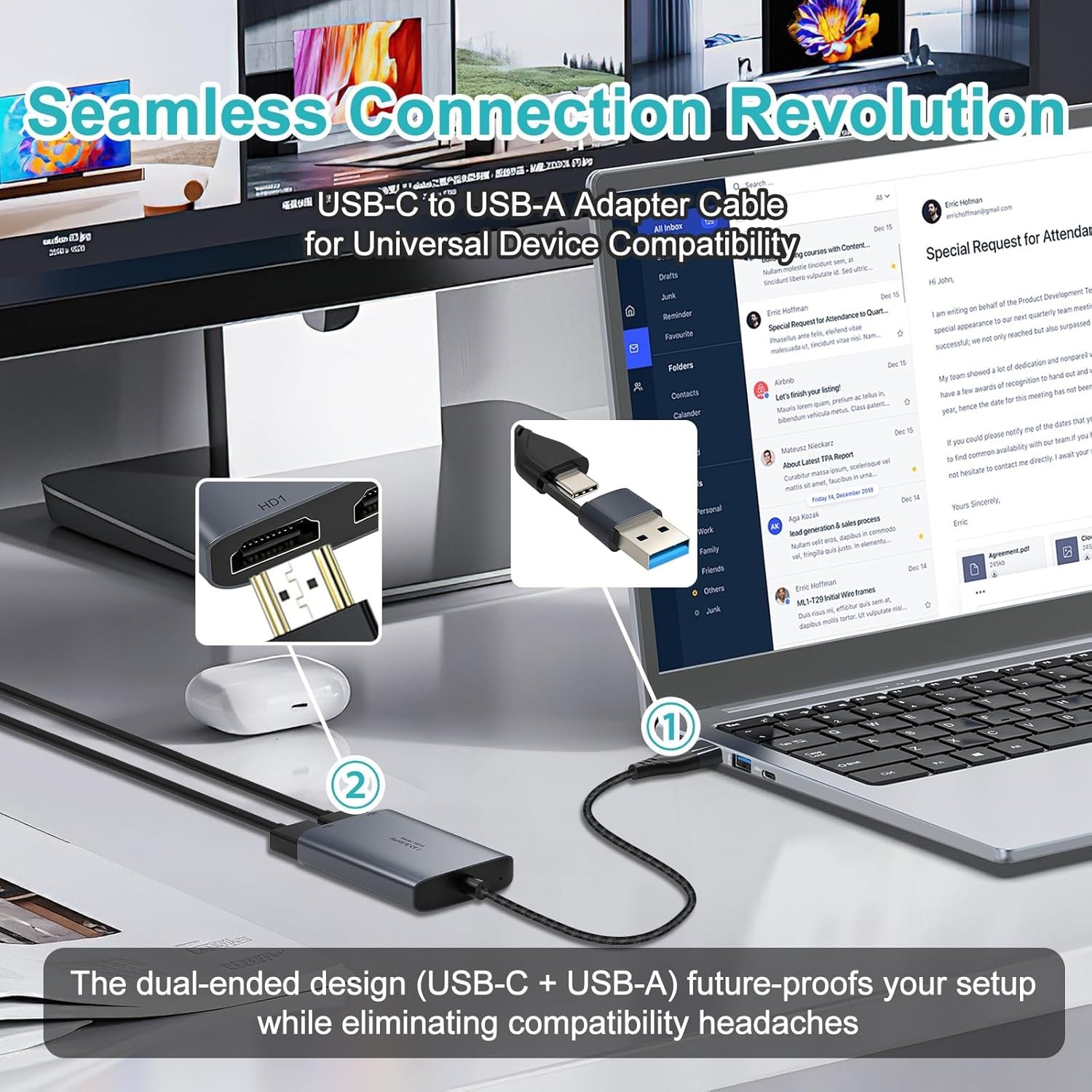 USB C to Dual HDMI Adapter 1080P 60Hz Multi-Monitor Splitter for Laptop/PC/Mac
