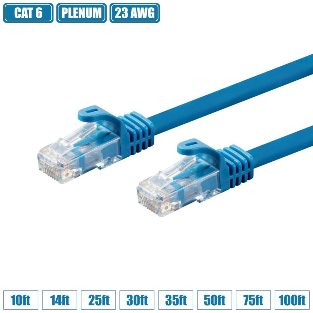 10 25 30 35 50 75 100FT Cat6 Ethernet RJ45 Patch Cable UTP Plenum 23AWG BLUE LOT