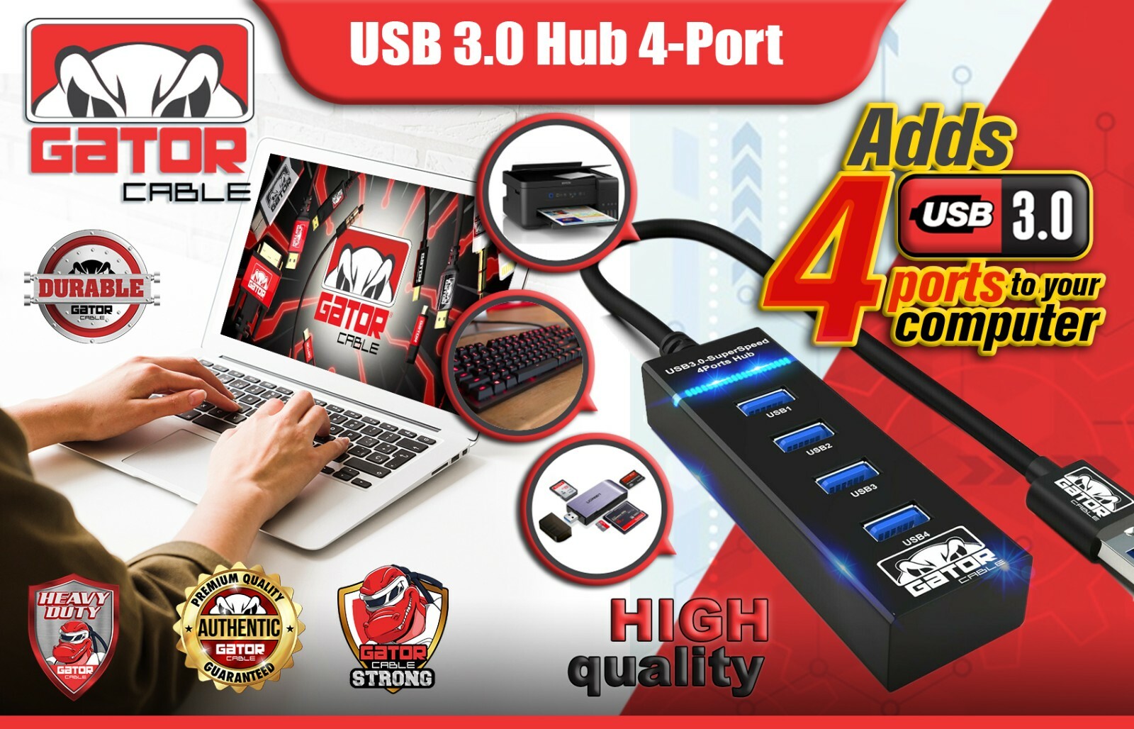 USB 3.0 HUB 4-USB Port Multi Adapter Charger Data For PC Mac Laptop Desktop LED