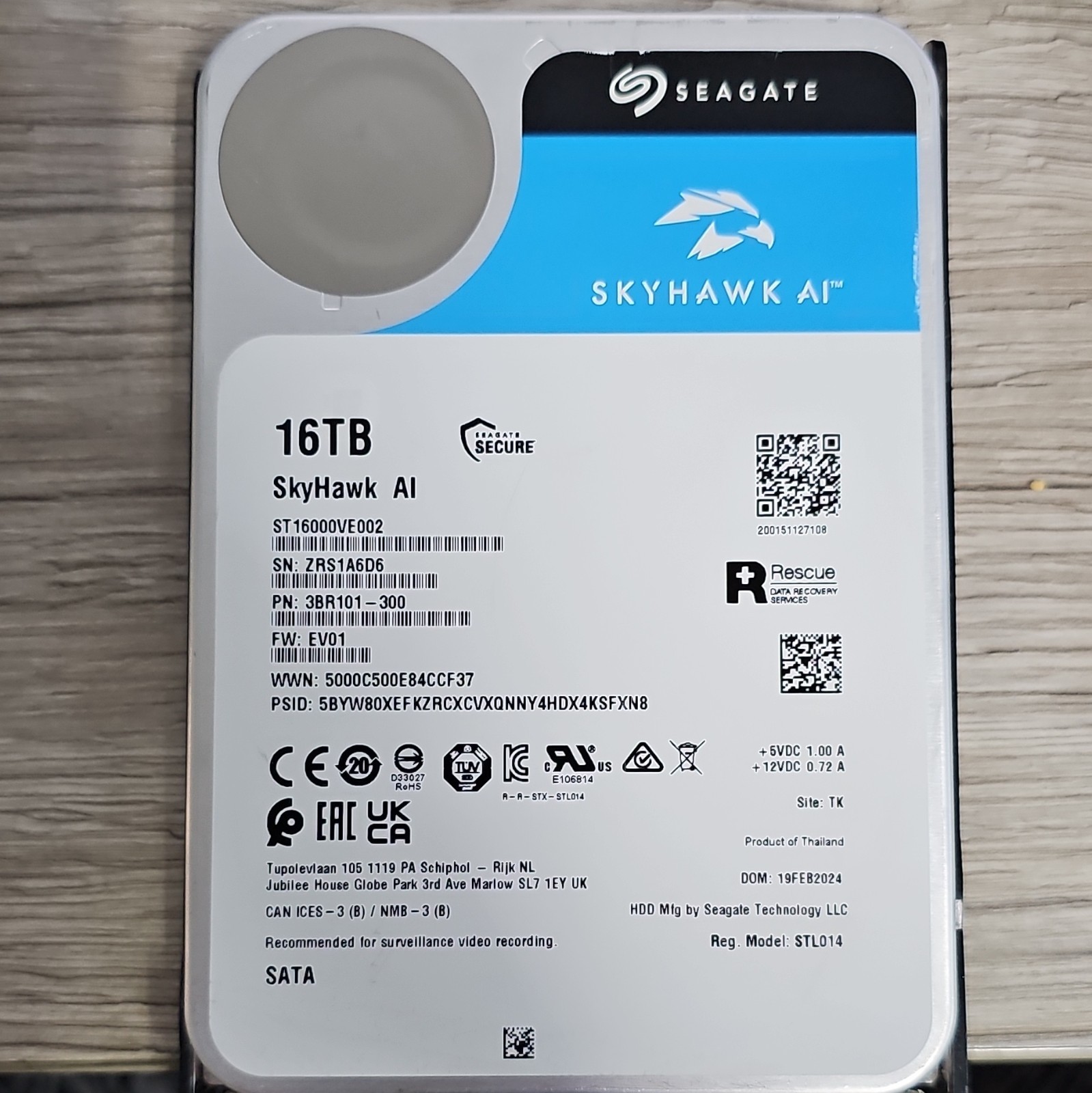 Seagate SkyHawk AI 16TB 3.5in SATA Internal HDD 7200RPM 256MB ST16000VE002