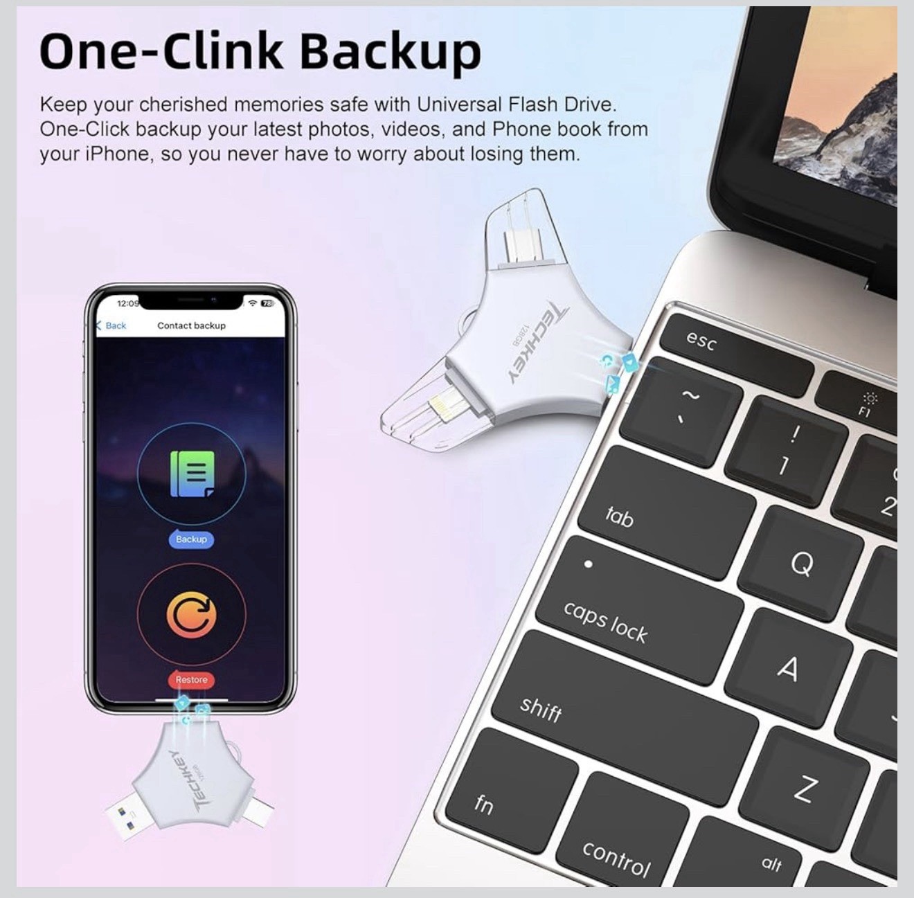 TECHKEY 3-in-1 128GB iPhone USB Flash Drive One-Click Backup USB-C 3.0