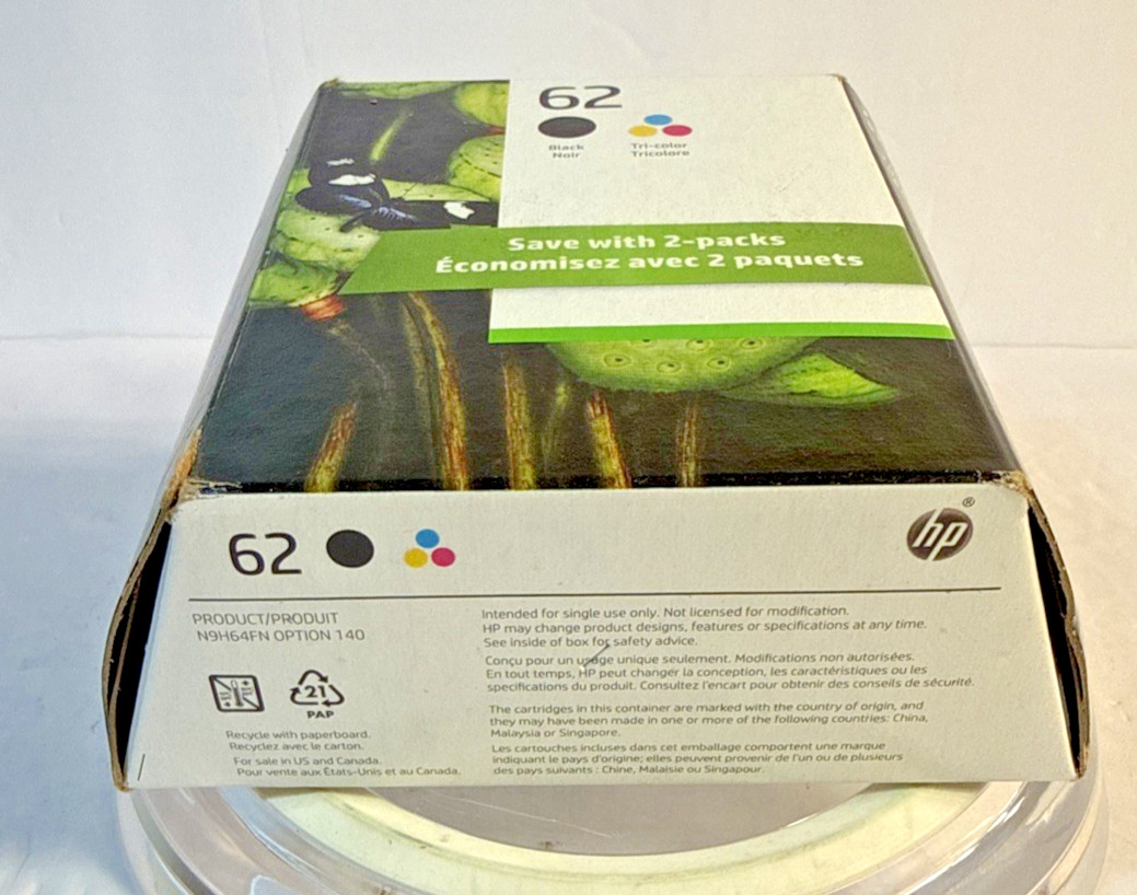 Factory SealedHP 62XL Black & 62 Tri Color Combo Pack Ink Cartridges Exp 04/2024