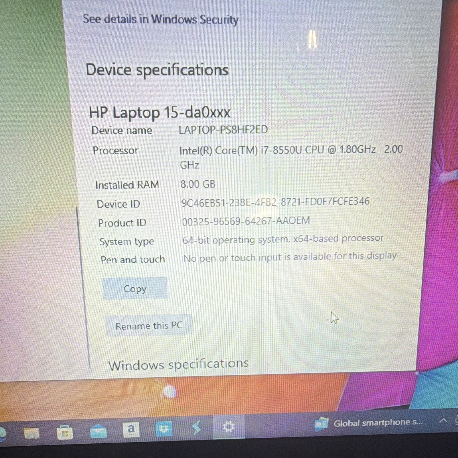 HP 15-da0xxx 15.6″ Laptop Intel Core i7-8550U 8GB RAM Windows 10 Black