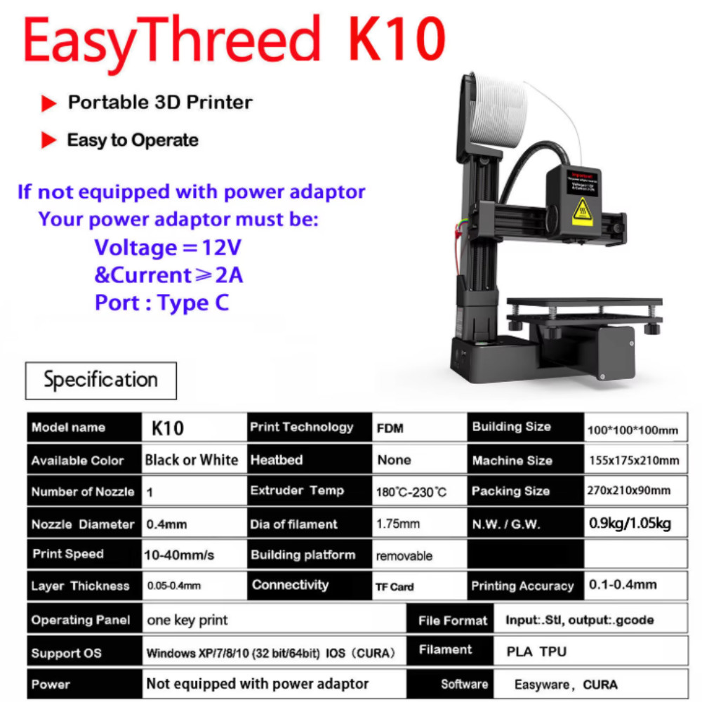 EasyThreed K10 Mini 3D Printer PLA TPU FDM DIY Educational Printer USB