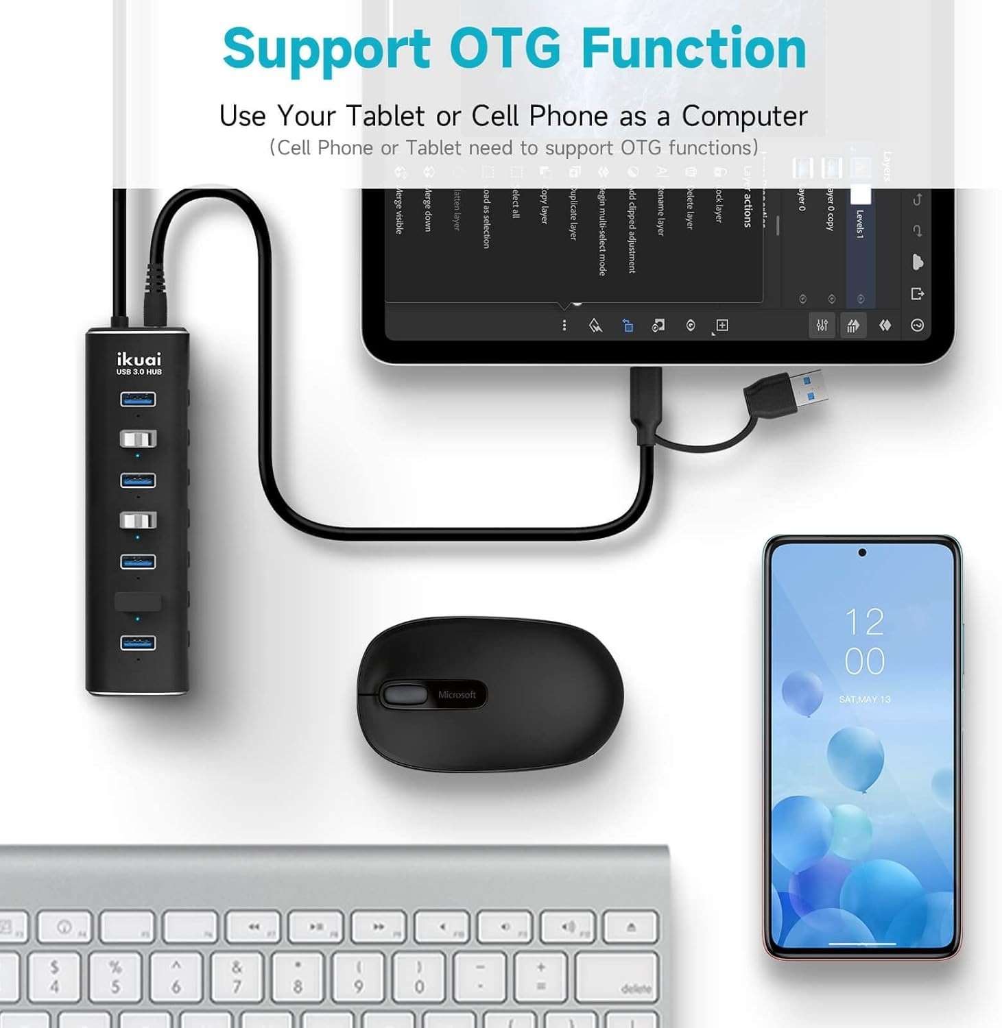 Powered USB 3.0/USB C Hub, Aluminium 7-Port USB Hub Splitter with AC Adapter LED