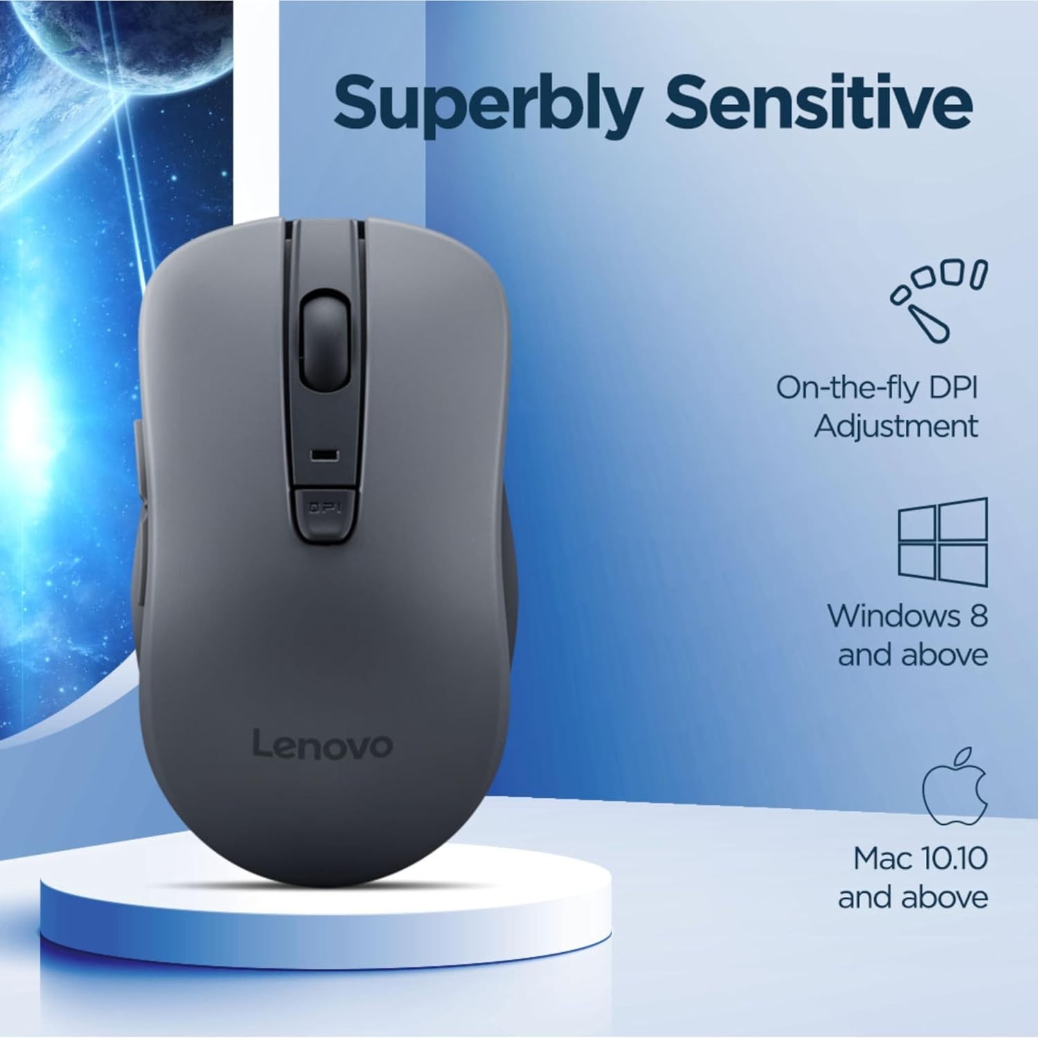 Lenovo WL310 Bluetooth Silent Mouse, Ergonomic, Adjustable DP,Grey