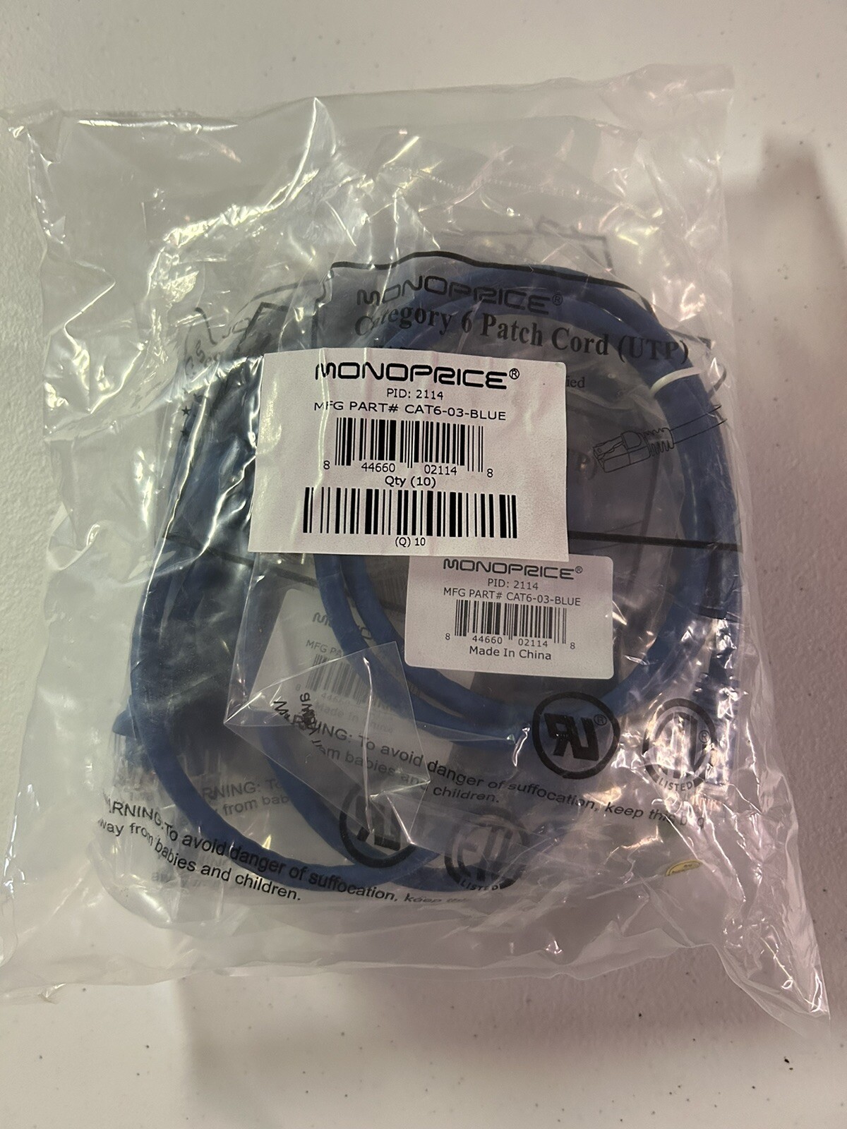 Monoprice Cat6 Ethernet Patch Cable – 3ft – Blue (10 Pack) 550MHz, UTP, 24AWG