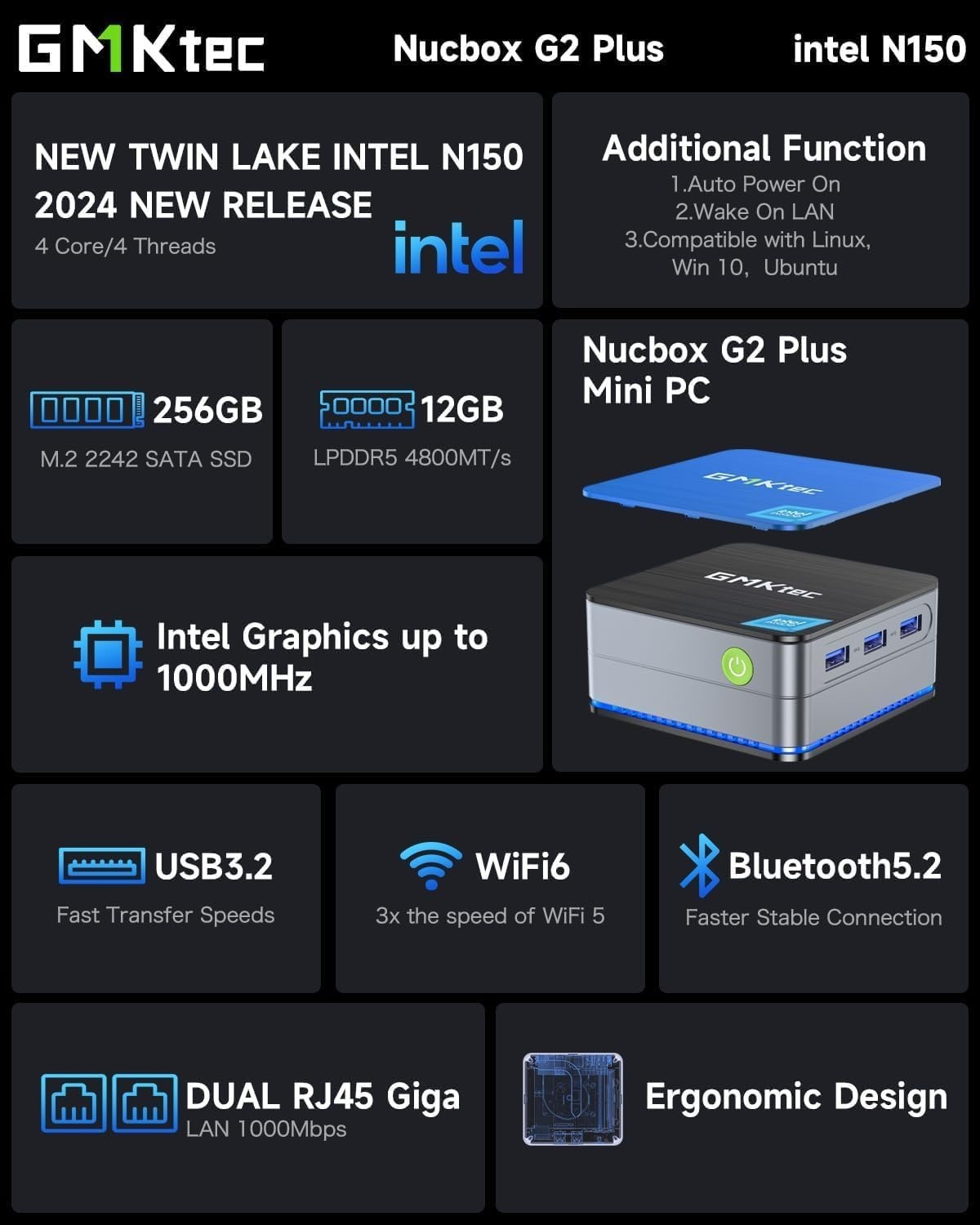 Versatile Intel N150 Mini Desktop PC: 12GB DDR5, 4K Display, WiFi 6 Connectivity