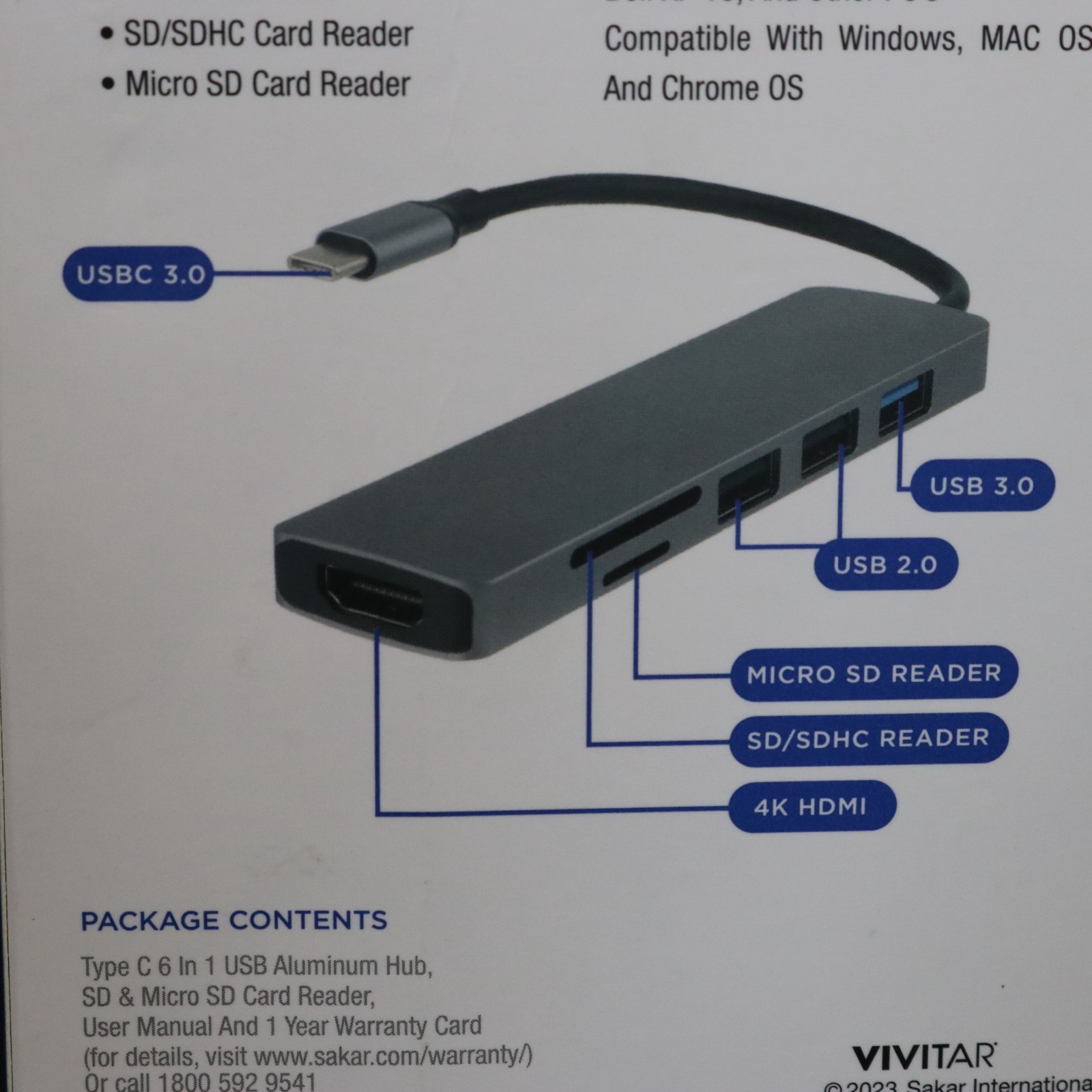 VIVITAR 6 in 1 USB Type C Hub – 4K HDMI 1x USB 3.0 2x USB 2.0 SD/SDHC, Micro SD