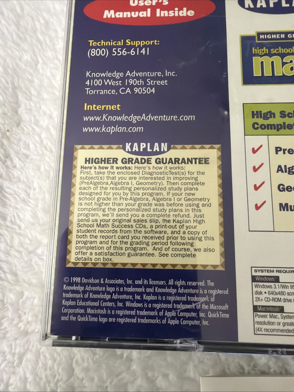 Kaplan Higher Score Mathematics High School PC CD ROM Pre Alegbra Geometry VTG