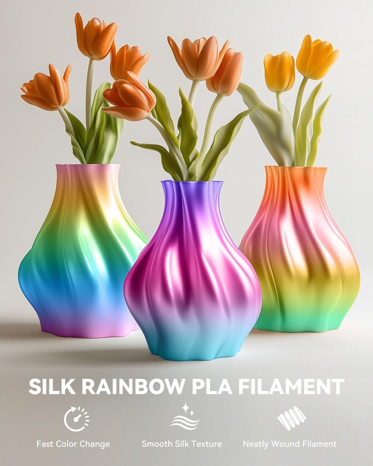 Silk Rainbow PLA Filament, Multicolor Silk 3D Printer Filament 1.75mm +/- 0.0…