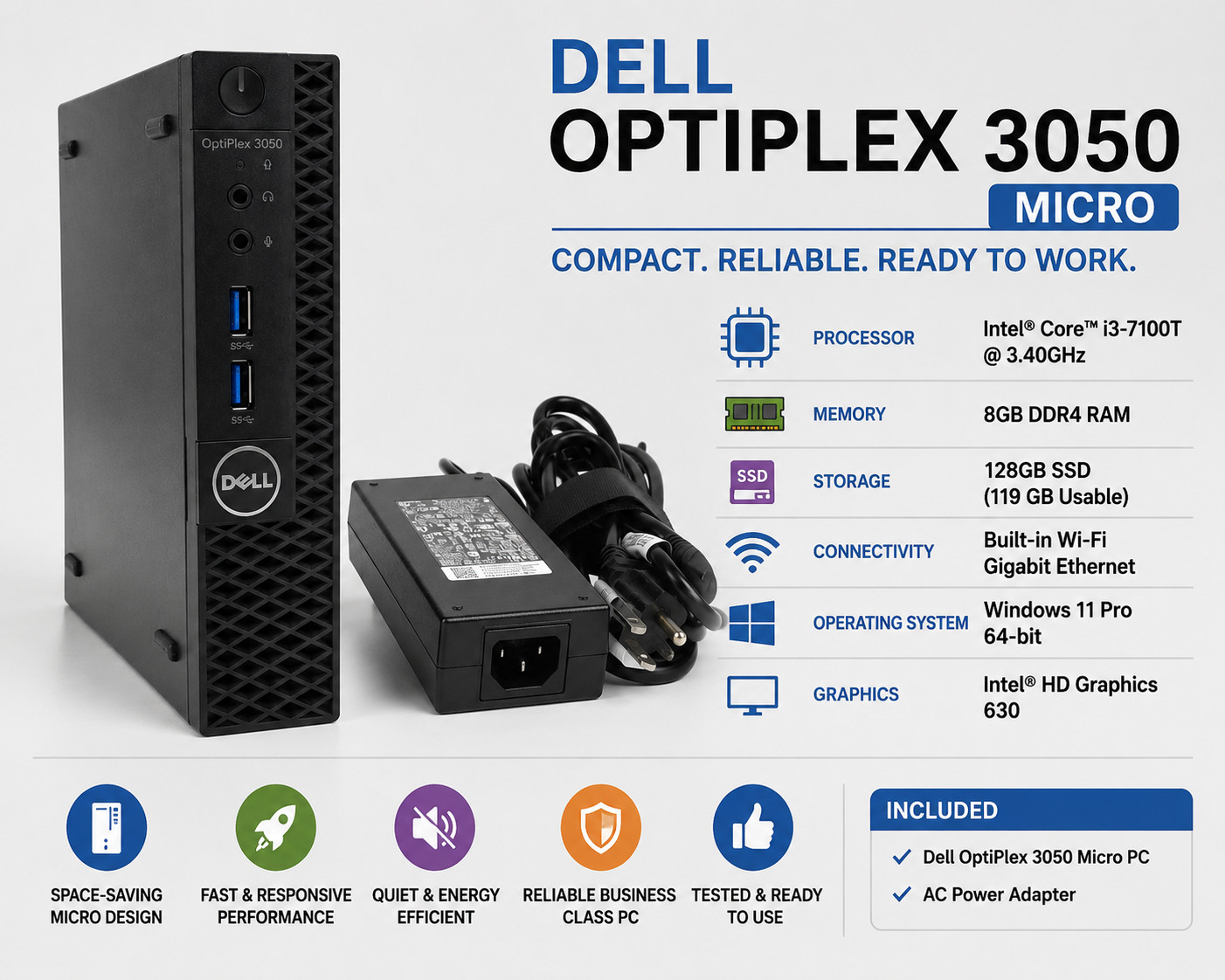 Dell OptiPlex 3050 Micro i3-7100T 8GB RAM 128GB SSD WiFi Windows 11 Pro