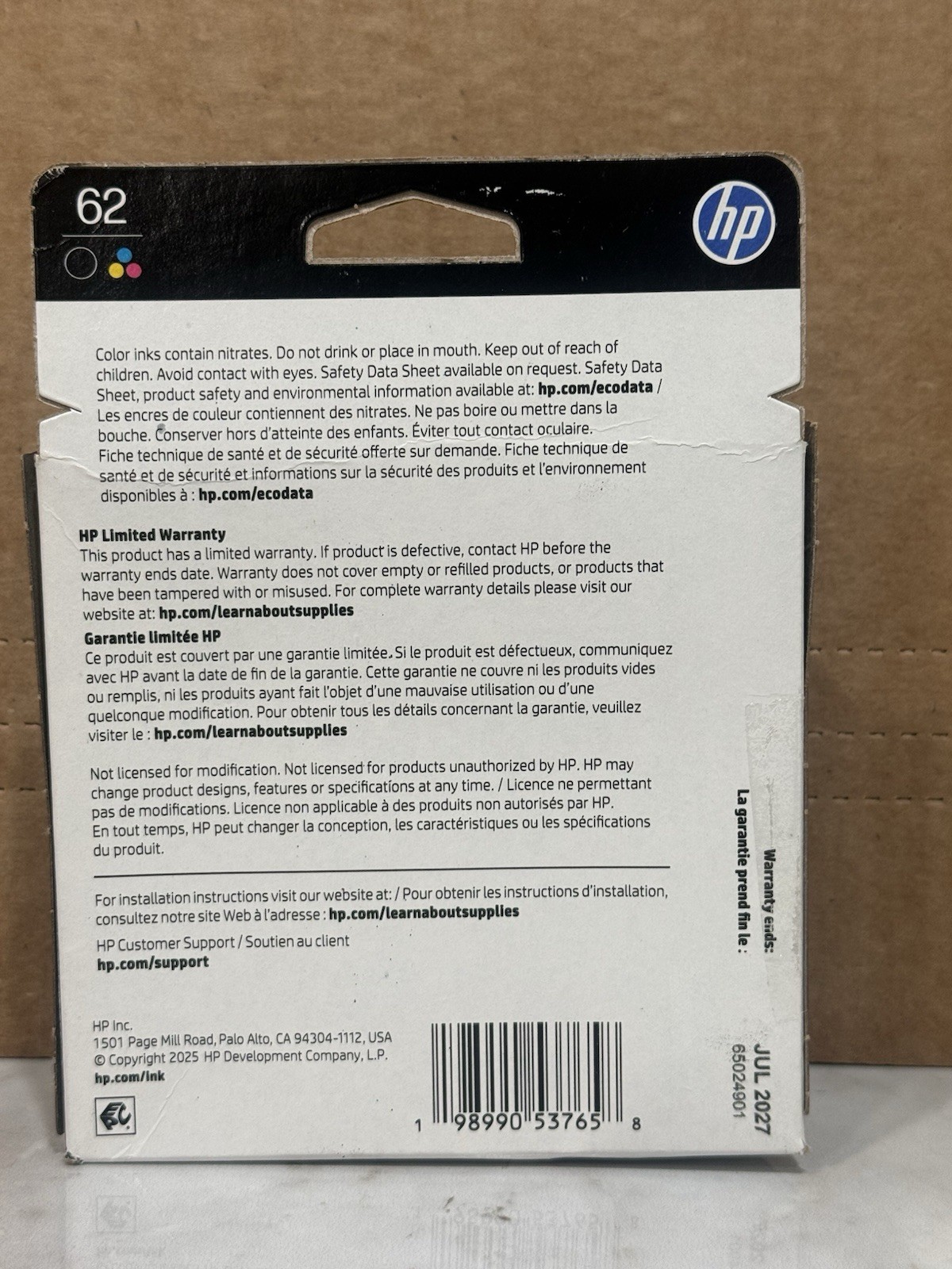HP 62 Black Tri-Color Ink Cartridge N9H64FN#RFD Exp 07/2027 Cartridge Sealed