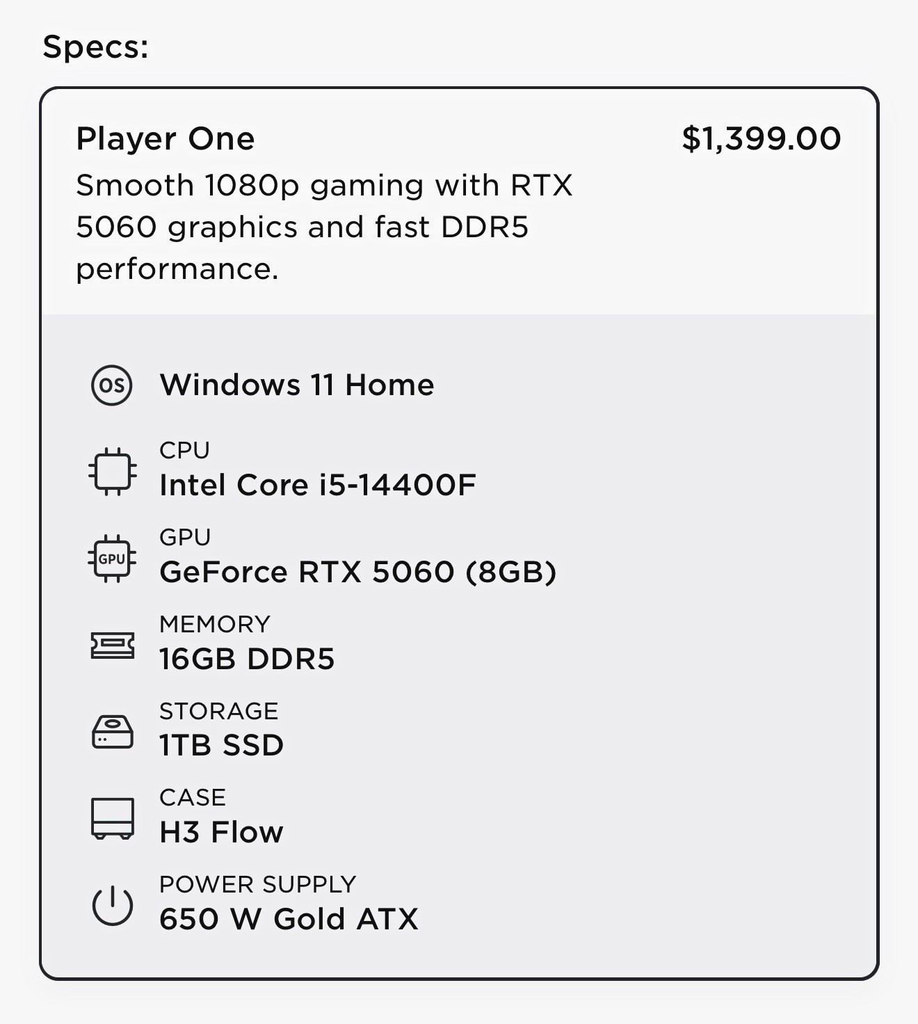 NZXT Gaming Desktop Tower i5-14400F RTX 5060 16GB DDR5 1TB SSD W11