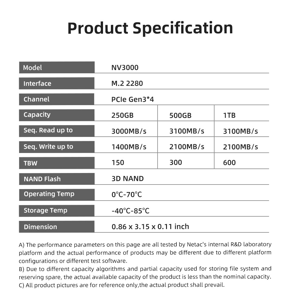 Netac Internal SSD 1TB Solid State Drive M.2 2280 PCIe Gen 3 x4 NVMe 3100MB/s
