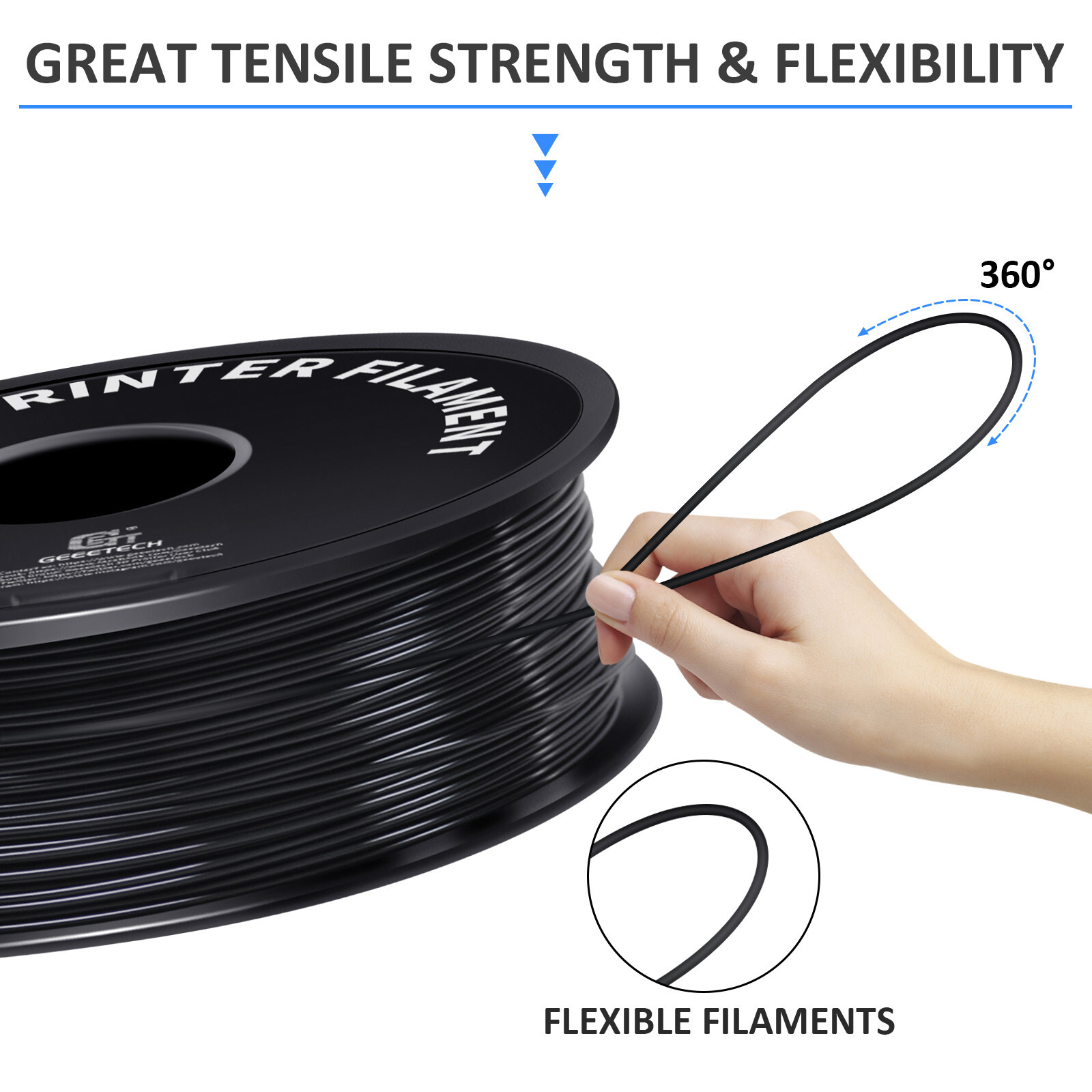Geeetech TPU 3D Printer Filament 1kg 1.75mm Black 95A Soft High Elastic Filament