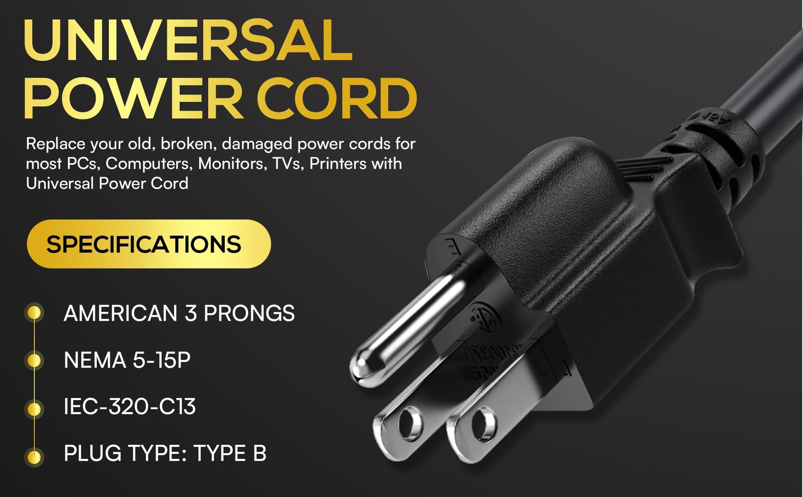 Cable Leader 20ft 18 AWG Universal Power Cord IEC320 C13 to NEMA 515P, Extens…