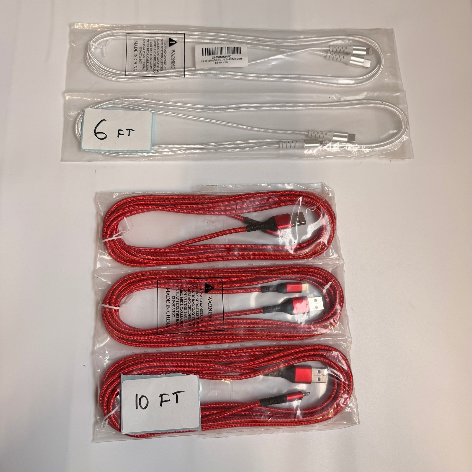 Lot of 5 USB-A & USB-C to Lightning Mixed Braided Fast Charging Cables 6ft 10ft