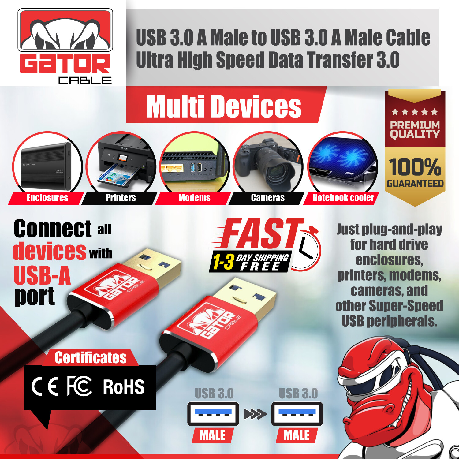 USB 3.0 A Male to A Male Cable Data Transfer Super Speed Power Charger Metal 6FT