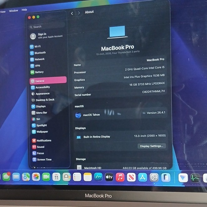Apple MacBook Pro 13.3″ 2020 Intel Core i5 16GB 500GB SSD Gray macOS Tahoe