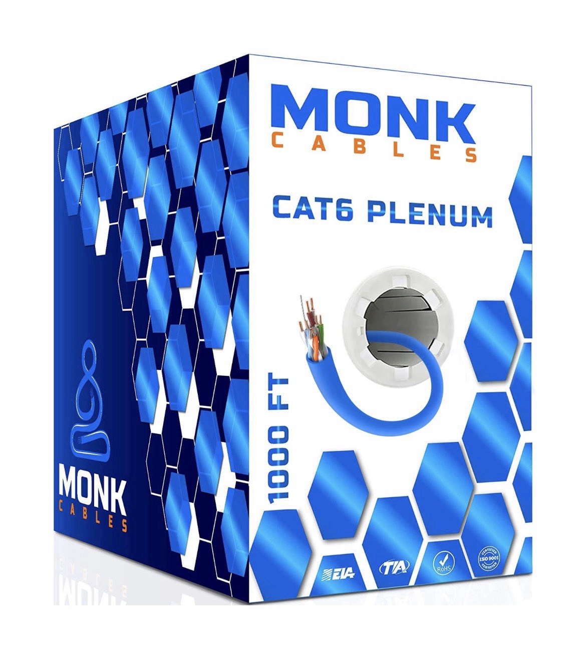 Monk Cables Cat6 Plenum CMP Rated Jacket 1000ft UTP 550MHz 23AWG Ethernet Blue