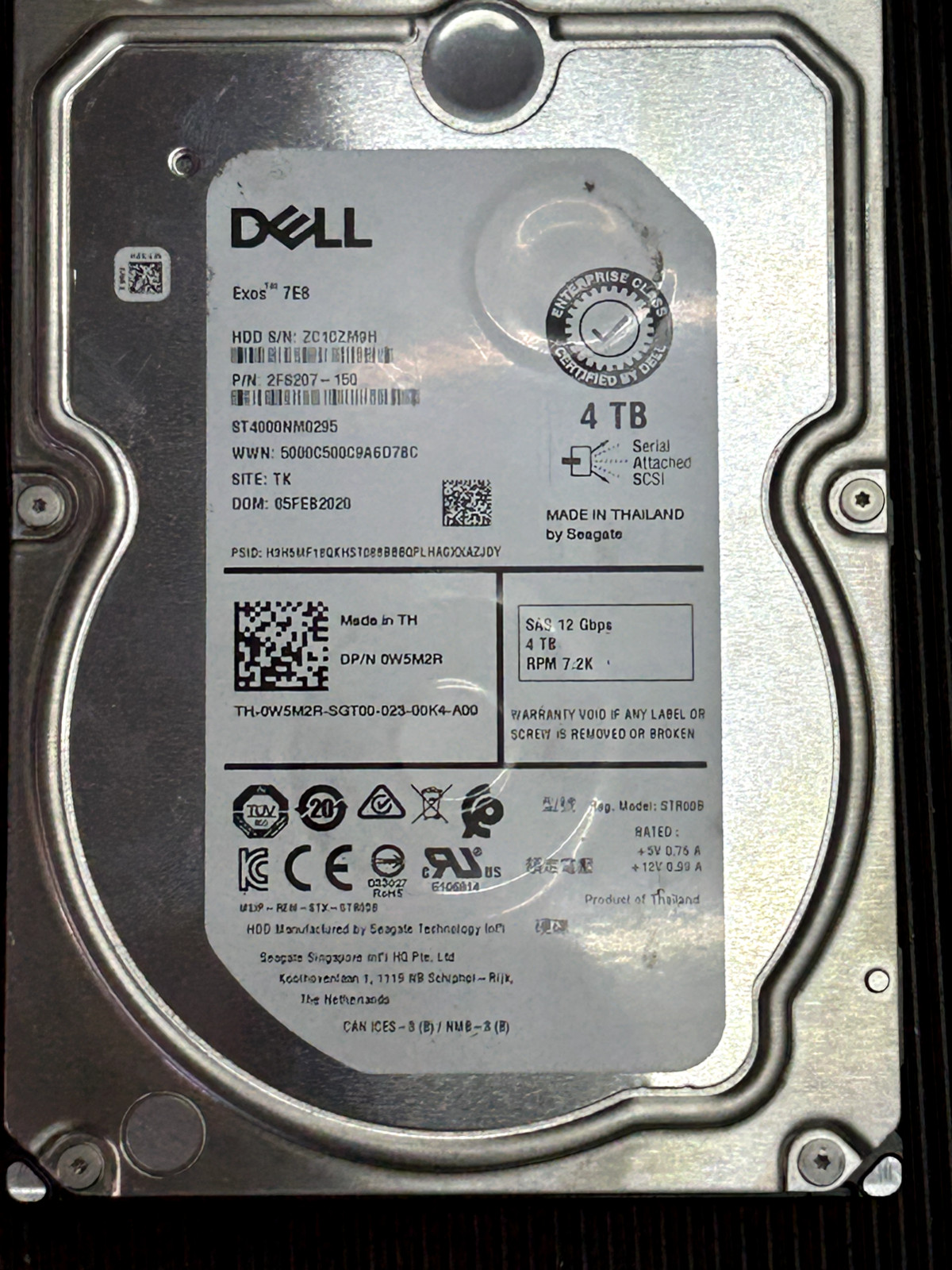 W5M2R Dell 4TB 7.2K SAS 12Gb/s 3.5in HDD 0W5M2R ST4000NM0295 No Caddy