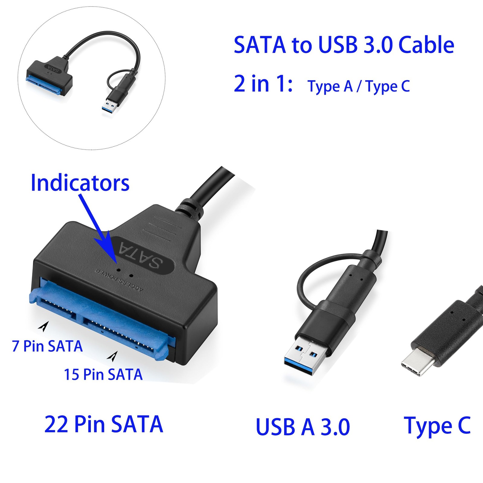 Menewstart SATA to USB 3.0 Adapter Cable 0.7FT，Black，USB-C/USB-A 3.0 to SATA …