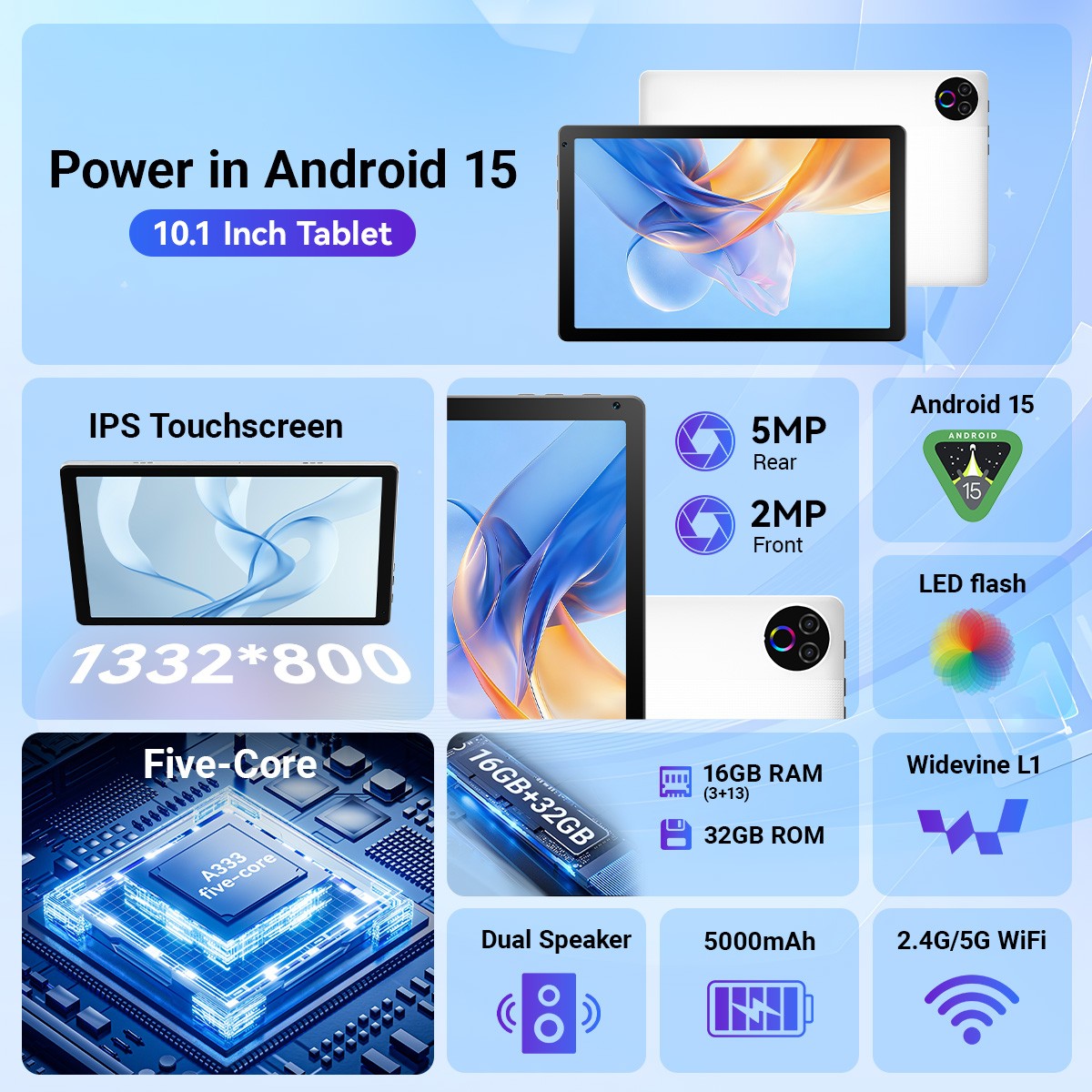 10.1 inch Android 15 Tablets IPS HD Octa-Core 16+32GB Dual Camera Touchscreen