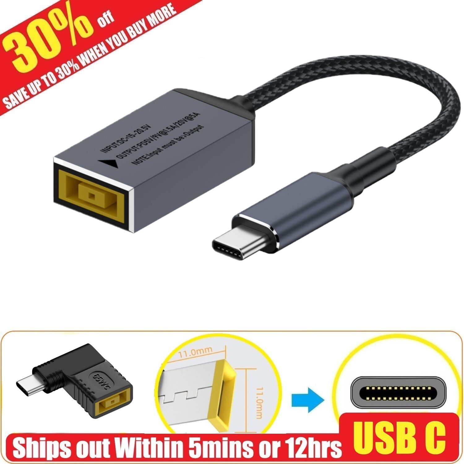 11mm Laptop Charger TO USB Type C Converter PD Power Charging Cable Adapter