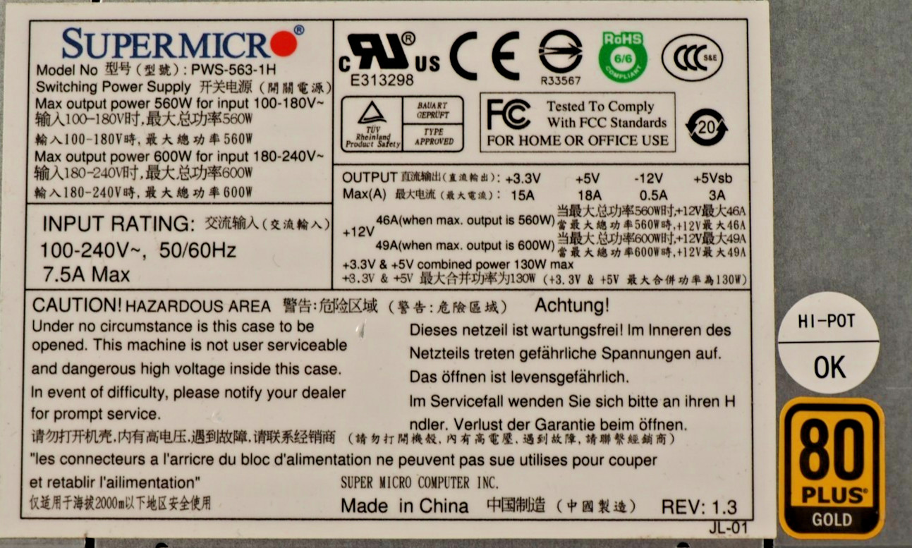 Supermicro PWS-563-1H 560W/600W 80 Plus Gold Switching Power Supply