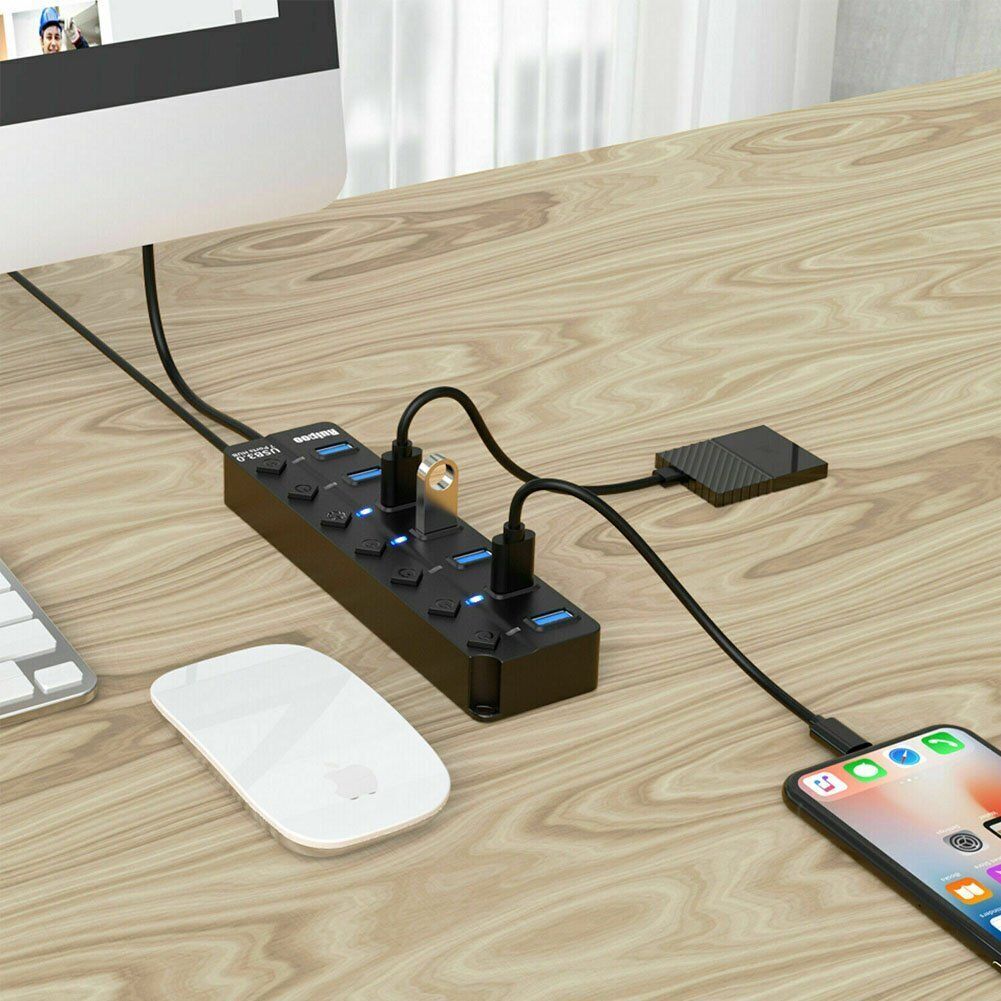 7 Port USB 3.0 Hub Splitter Adapter On/Off Switch High Speed For PC Laptop Mac