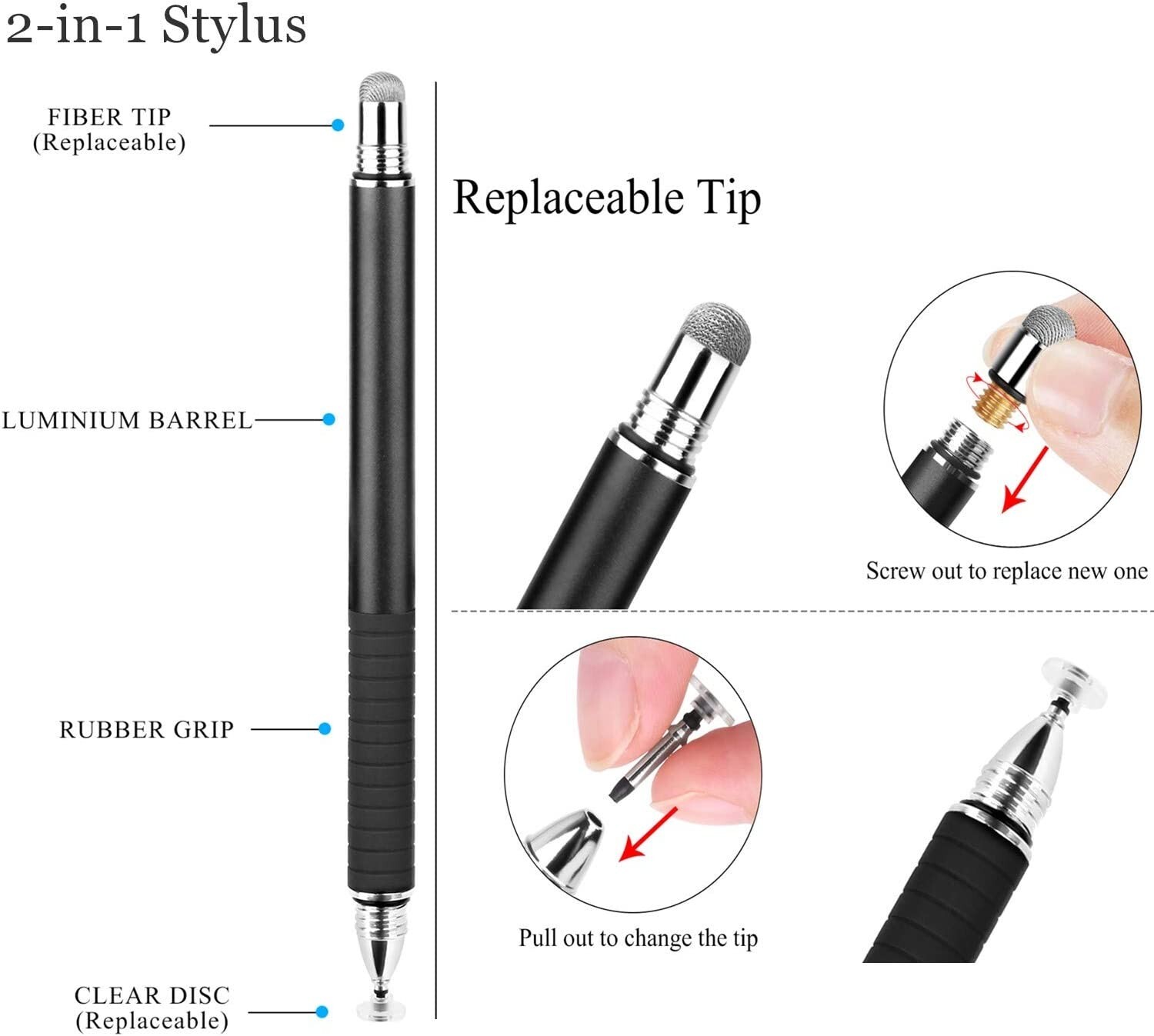3PC Universal Stylus, 2 in 1 Precision Series Disc Stylus Touch Screen Pen Black