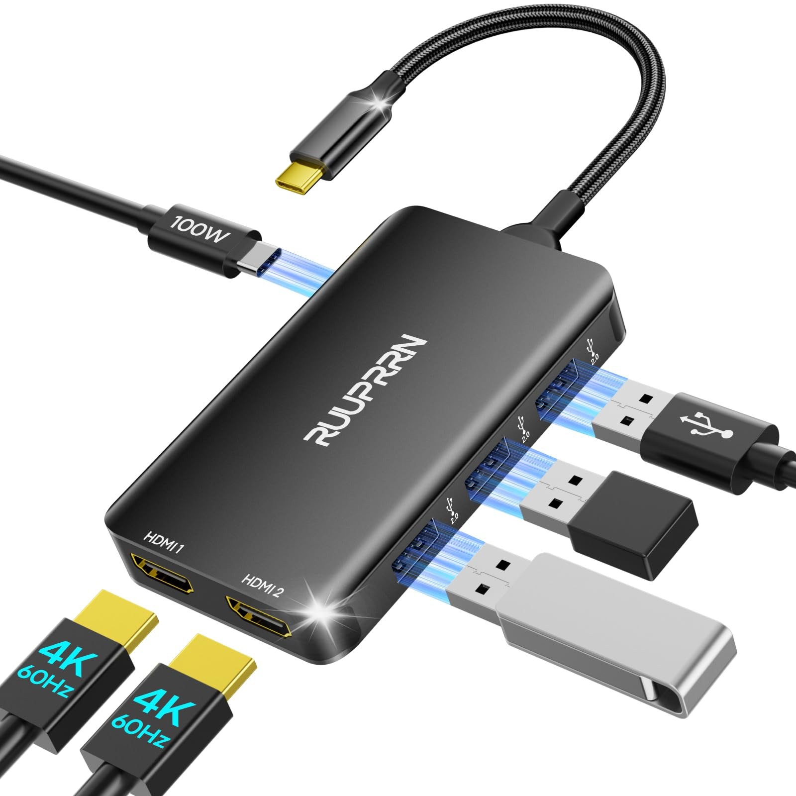6-in-1 USB Hub (0.99FT), USB C to Dual HDMI Adapter 4K@60Hz, HDMI Splitter Ex…