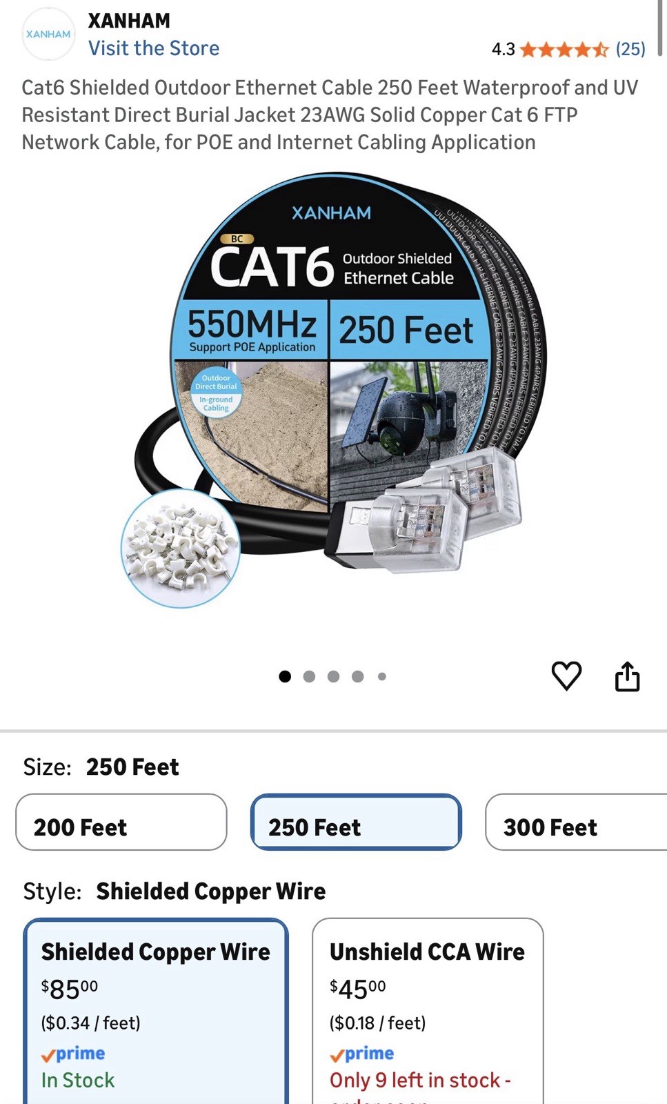 Cat6 Outdoor Shielded Ethernet Cable 250ft Waterproof UV Resistant