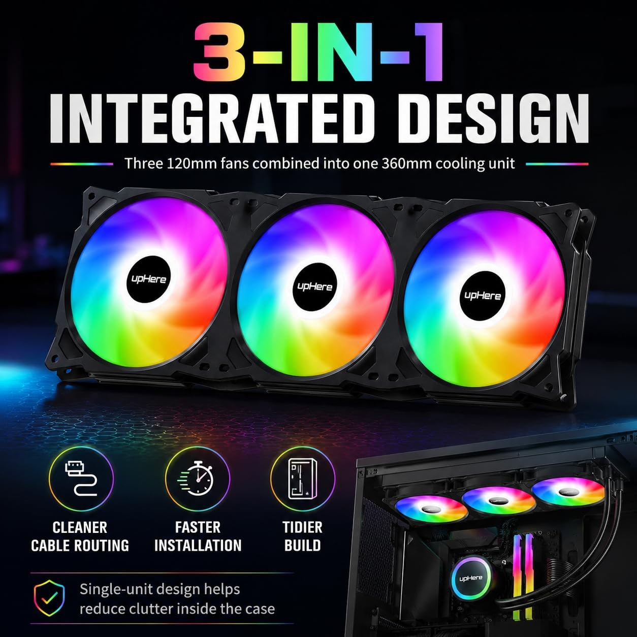 360mm All-in-One Auto RGB PC Case Fan, 3 x 120mm Integrated Cooling Fan with …
